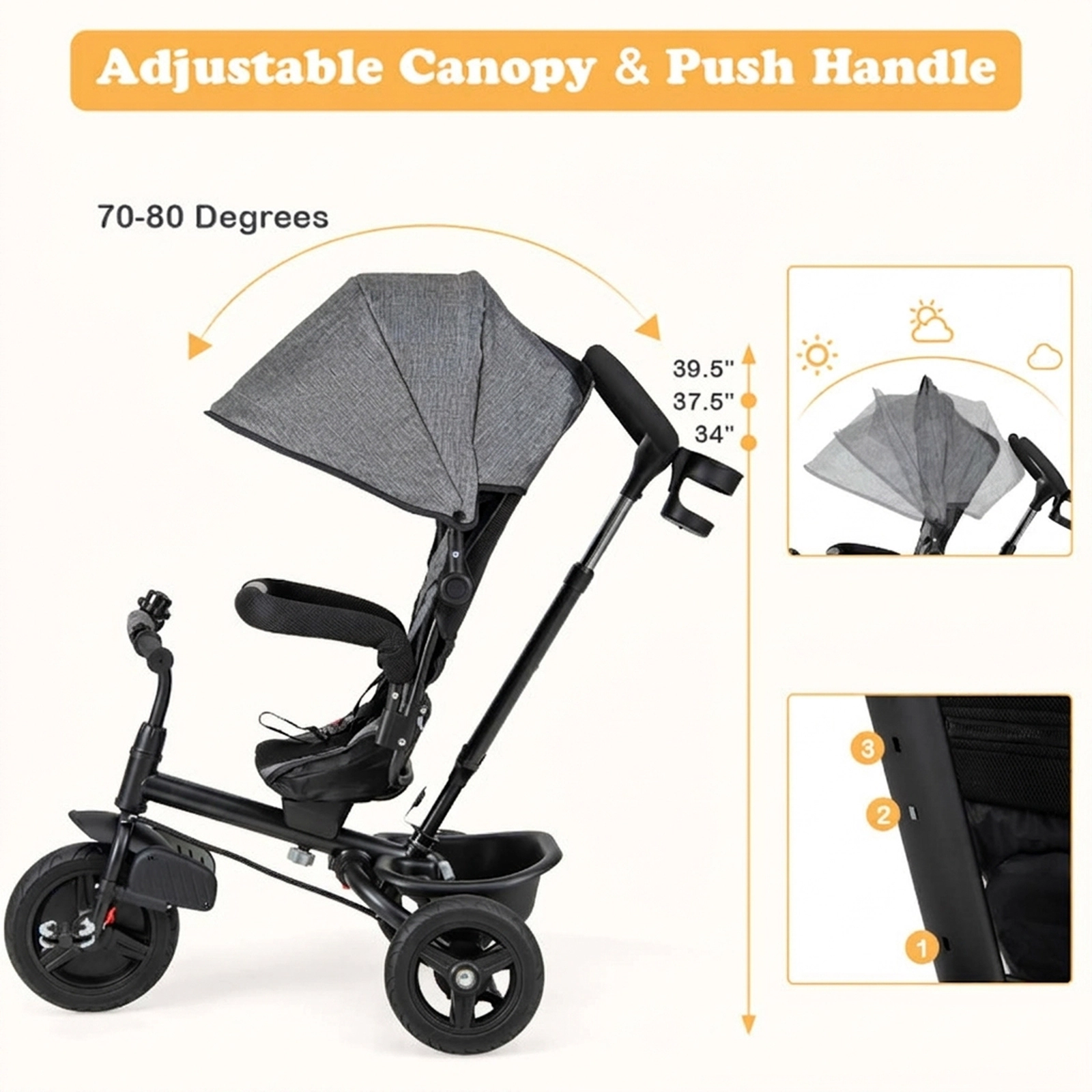 SUGIFT Toddler Gray 4-in-1 Tricycle with Reversible Seat and 5-Point Harness 30-in W 38-in H 55-lb Seat Capacity