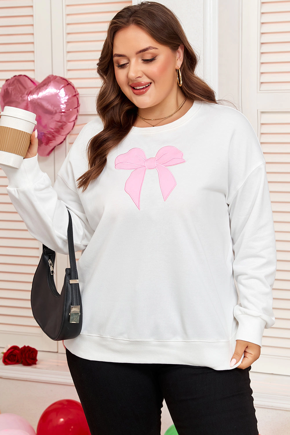 Threaded Pear Women's Beige Big Bow Accent Plus Drop Shoulder Sweatshirt