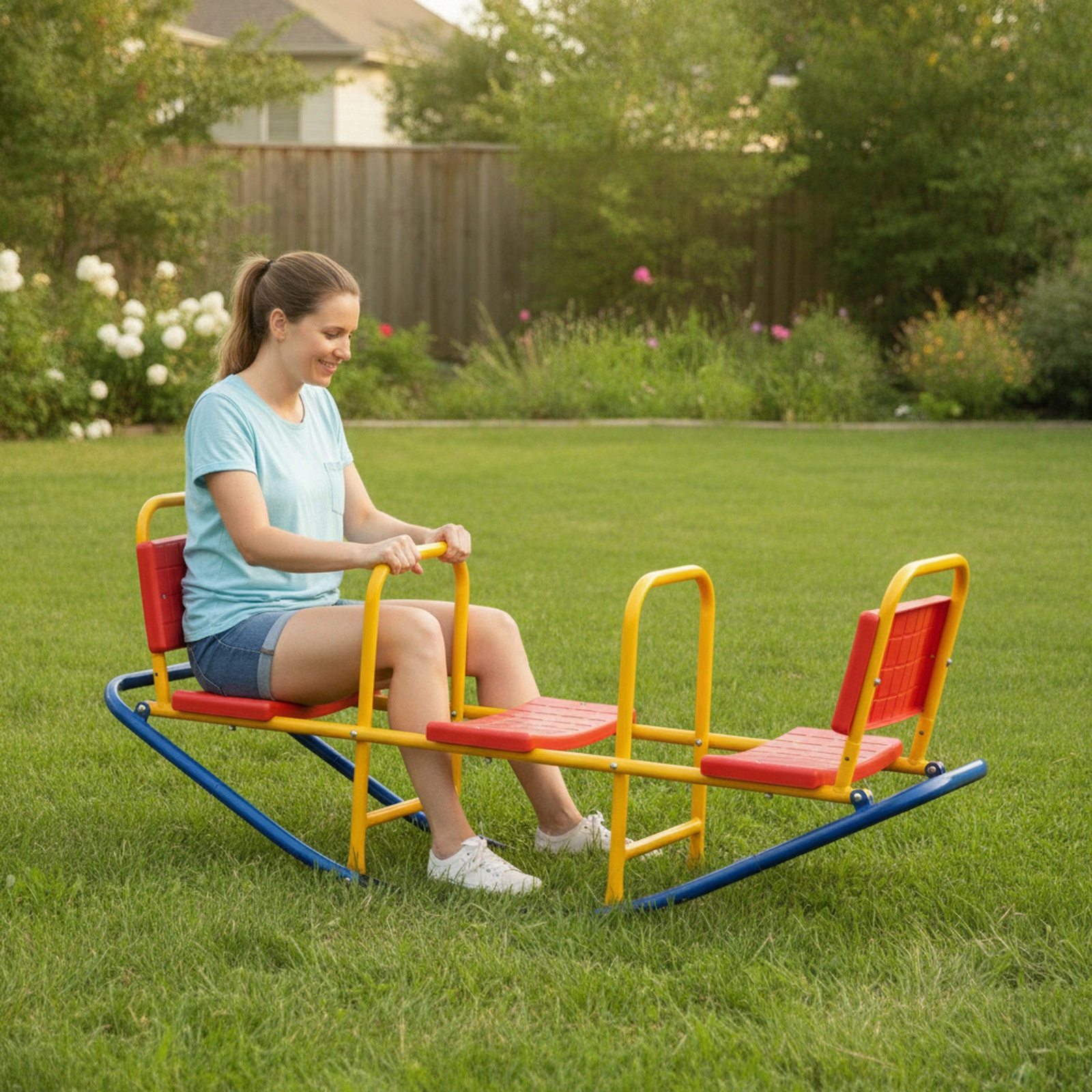 Kids Teeter Totter Seesaw 360-Degree Swivel Sit and Spin Backrest Footrest Handlebars 200-lb Capacity Ages 3-8 Red