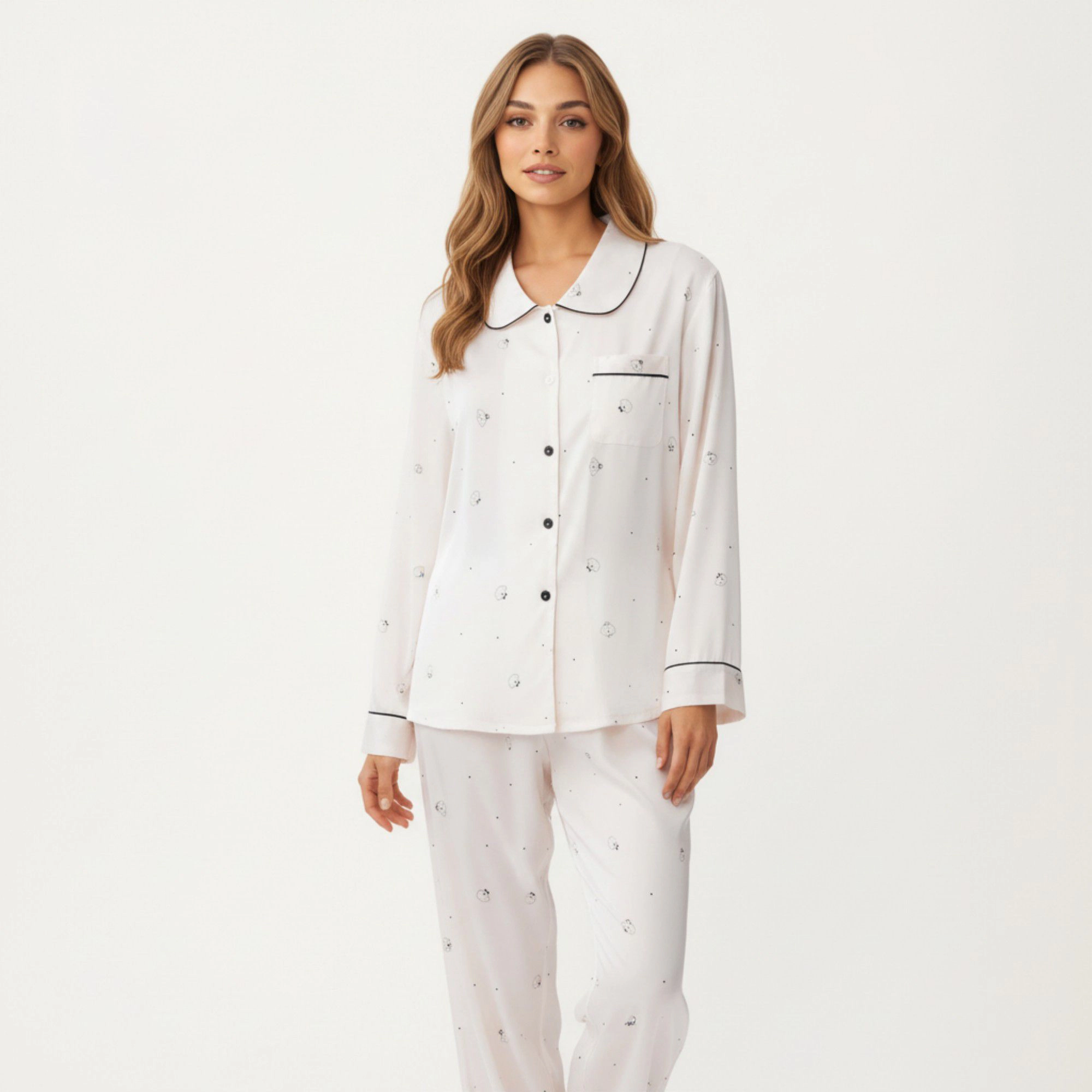 Anna-Kaci Women's 2-Piece Printed Button Front Pajama Top with Contrast Piping and Matching Relaxed Fit Lounge Pants