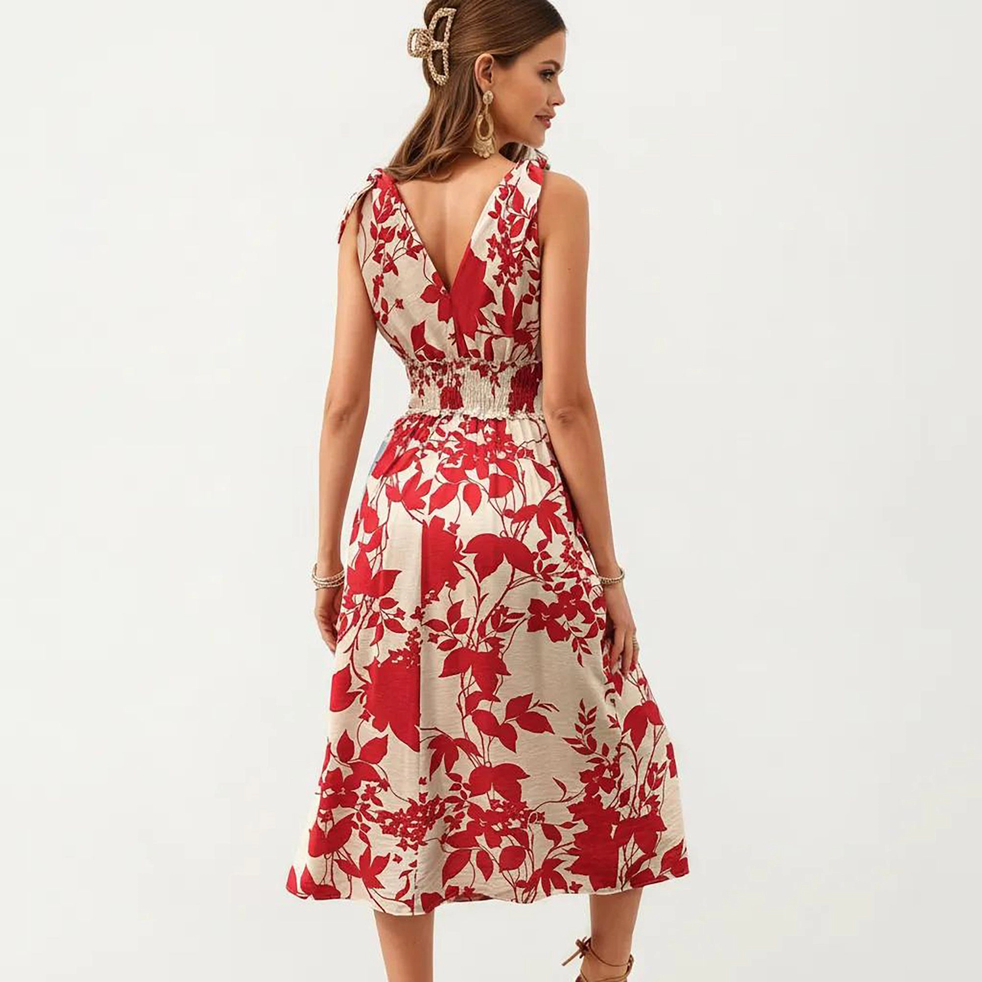 Anna-Kaci Women's Sleeveless V Neck Smocked Waist Flowing Skirt Midi Dress