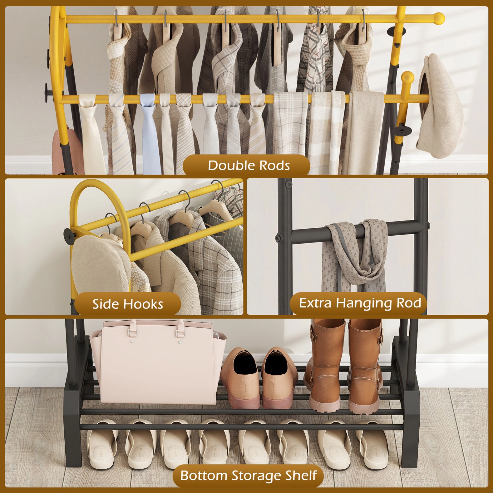 SUGIFT Double Rods Garment Rack with Side Hooks and Bottom Shelf 22-lb Rod Capacity 44-lb Shelf Capacity Gold and Black