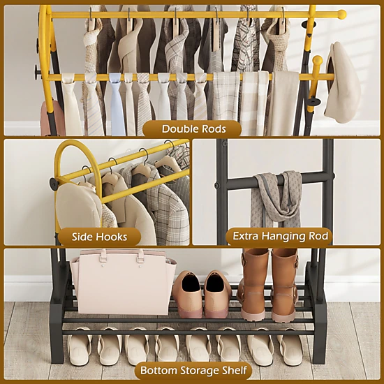 SUGIFT Double Rods Garment Rack with Side Hooks and Bottom Shelf 22-lb Rod Capacity 44-lb Shelf Capacity Gold and Black