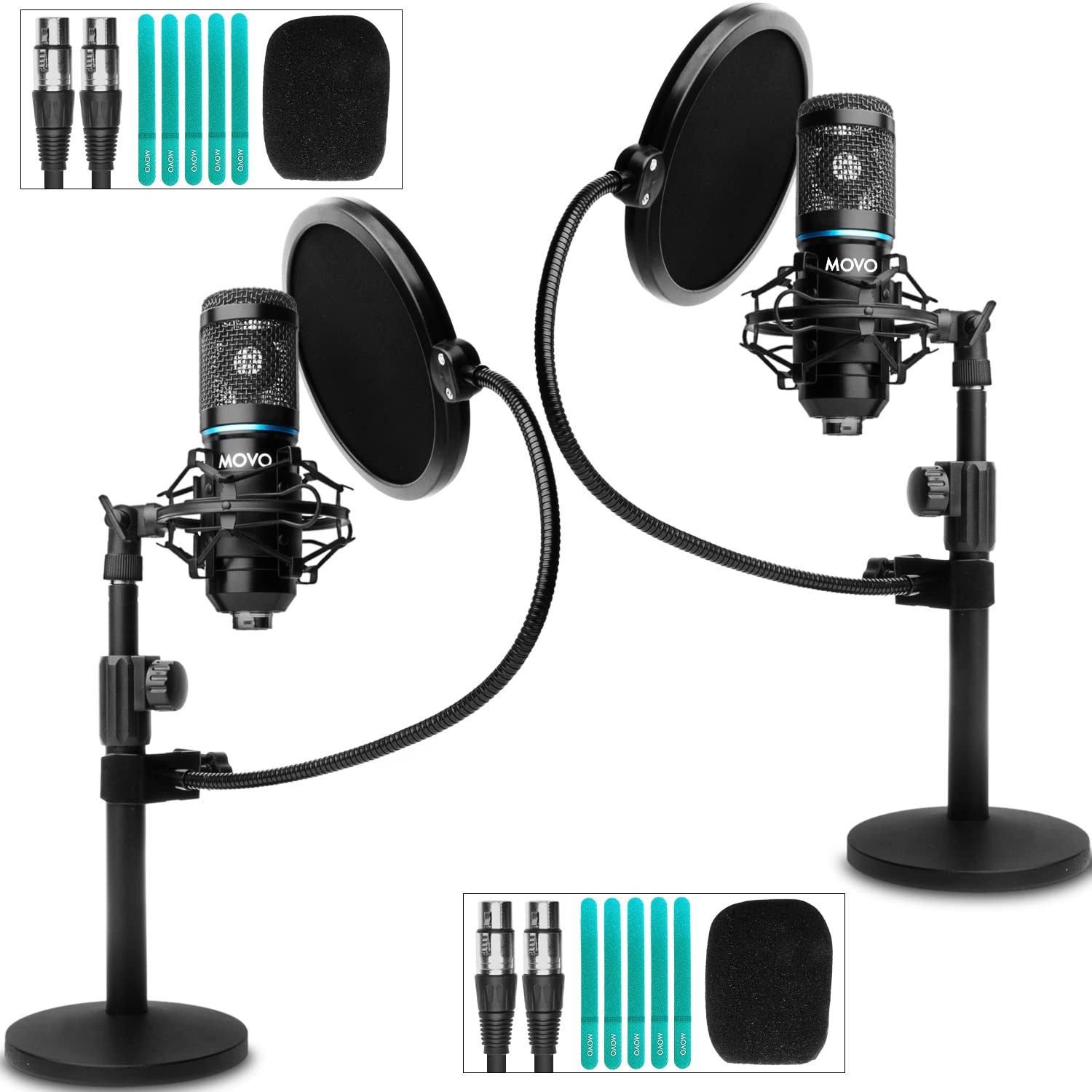 Movo 2-Pack Universal Cardioid Podcasting Microphone Bundle with Tabletop Mic Stand and Pop Filter with XLR Output