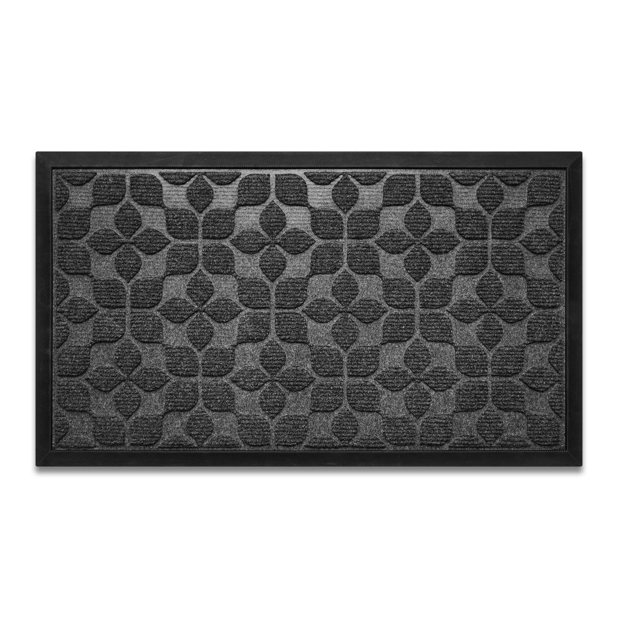 G128 Grey Geometric Floral Doormat 17 x 29.5 in - Polypropylene Top, Natural Rubber Non-Slip