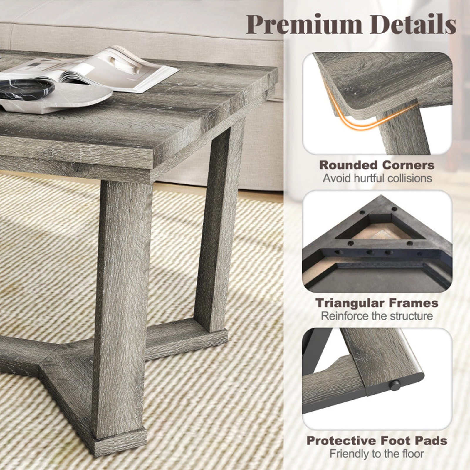 SUGIFT 44-in 250-lb Capacity Gray Rubber Wood Rectangle Coffee Table with Cross-Shaped Base and 3-in Legs