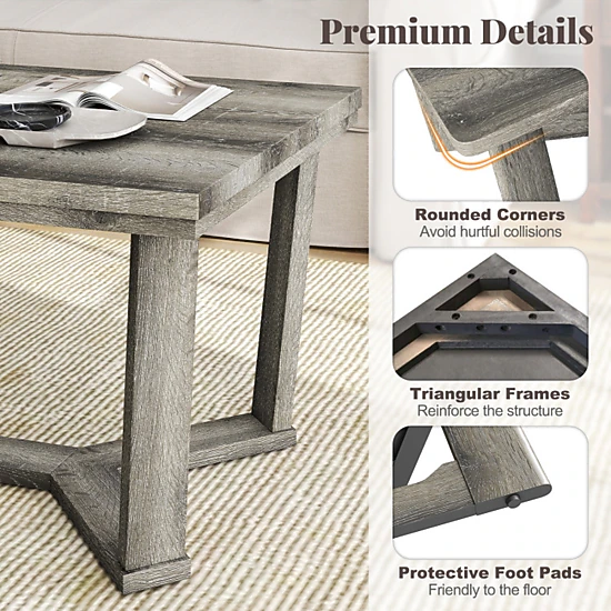 SUGIFT 44-in 250-lb Capacity Gray Rubber Wood Rectangle Coffee Table with Cross-Shaped Base and 3-in Legs