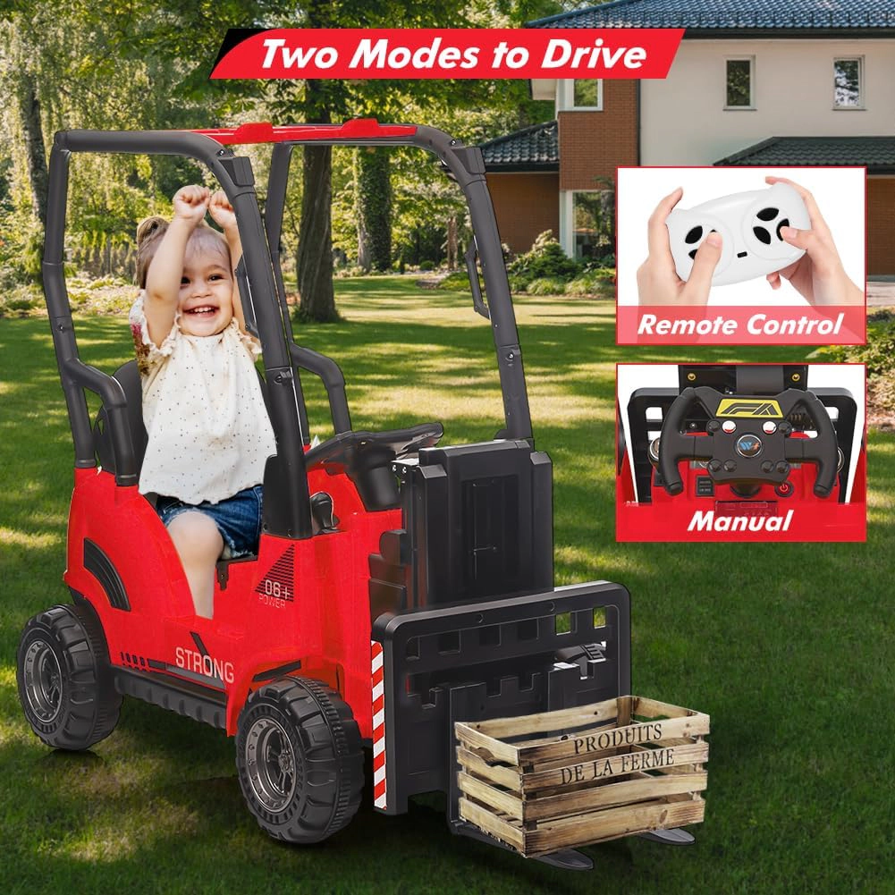 12V Kids Ride On Forklift Car w/Tent, Electric Toy w/Remote,Liftable Fork & Pallet,2 Speeds,Music,USB Low-Power Alarm