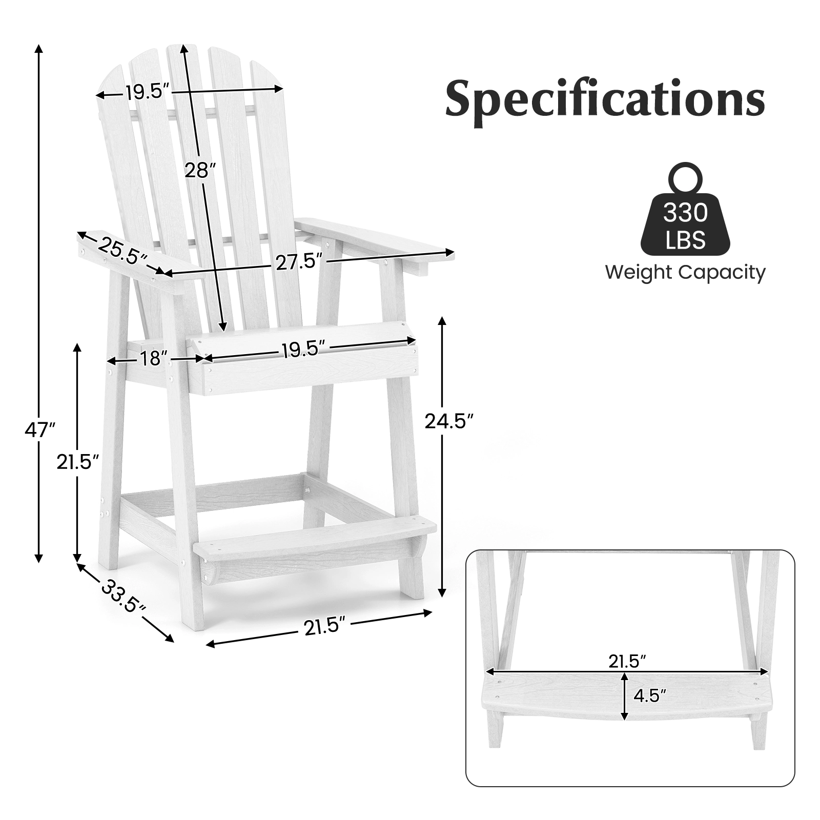 SUGIFT White Armrests and Footrest for Indoor Outdoor Use HDPE Patio Adirondack Chair