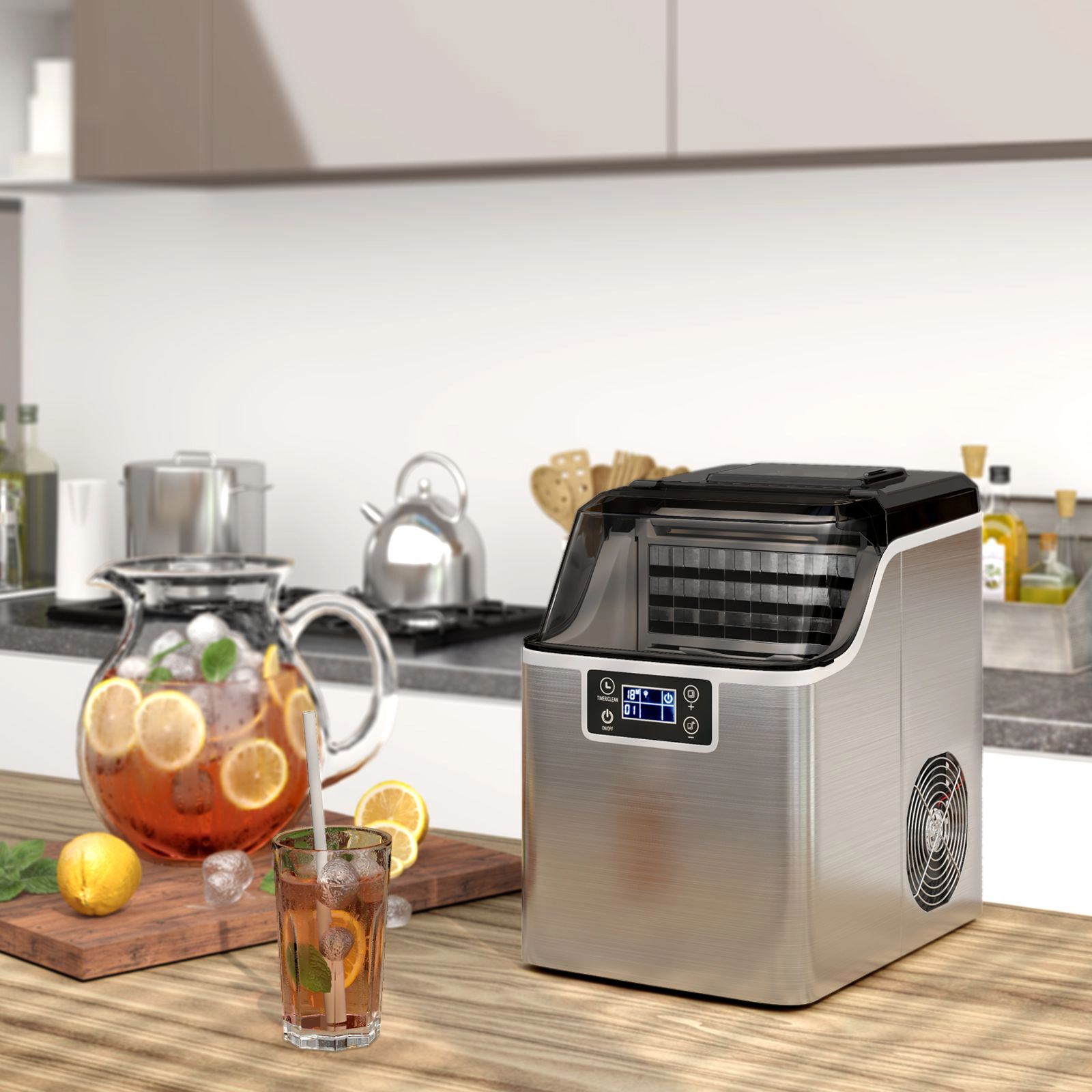 SlickBlue Silver Countertop Ice Machine, 40 Lbs Daily, 3.2L Reservoir, Square Ice, 24H Timer