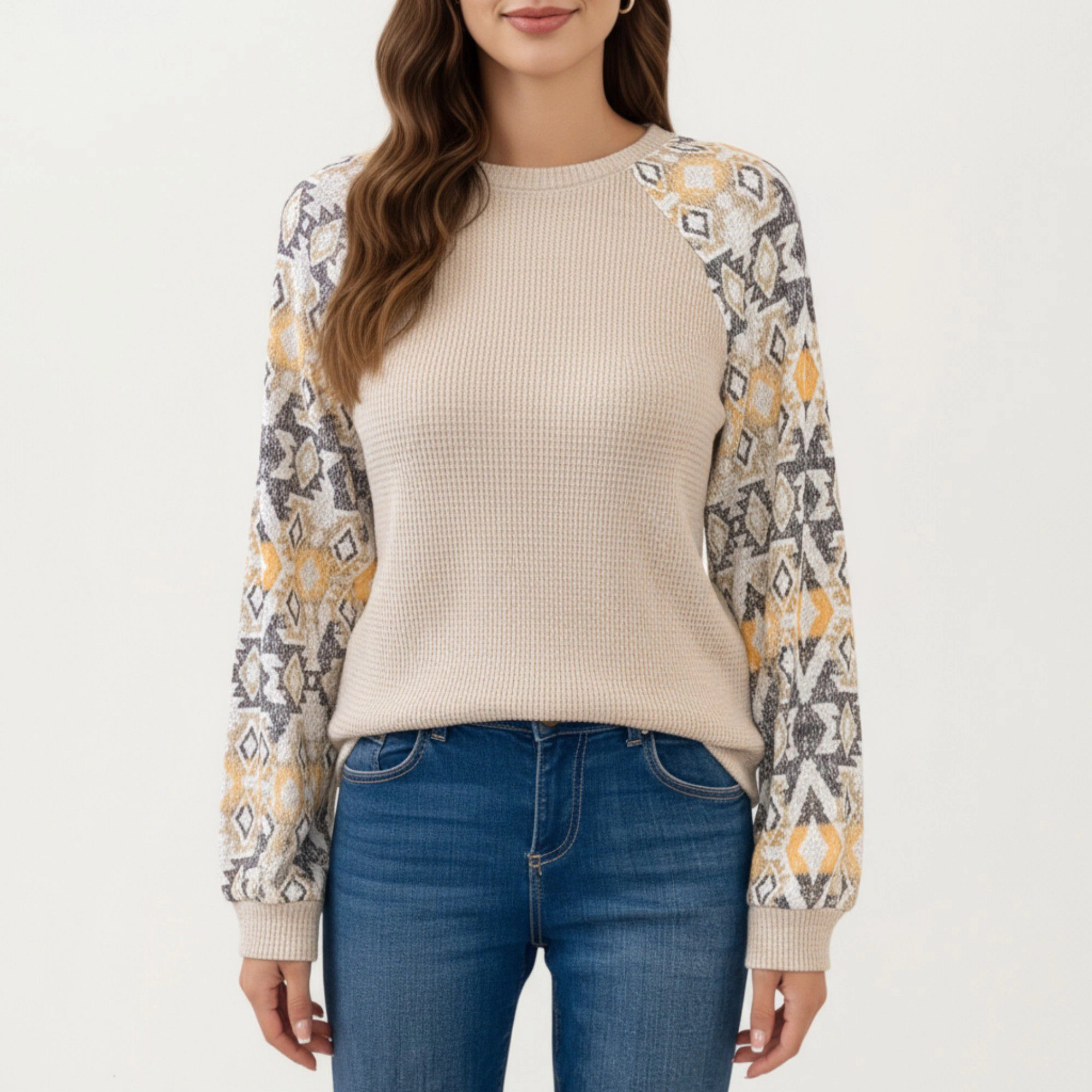 Anna-Kaci Women's Long Sleeve Knit Top with Geometric Pattern Sleeves Textured Body