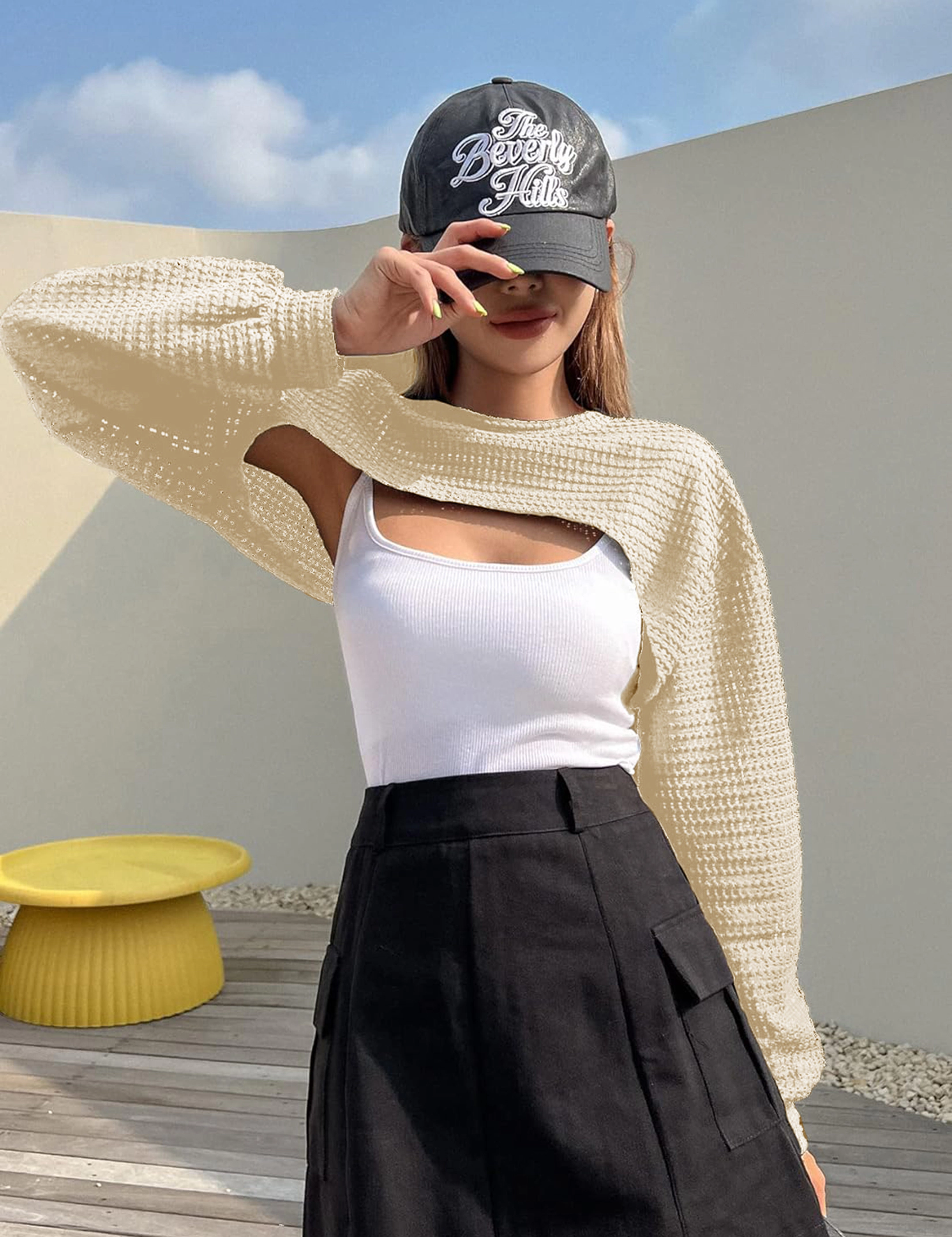 KOJOOIN Women's Knitted Cropped Top Long Sleeve Hollow Out Shrug Sweater Y2K Knit Cover Up Tops