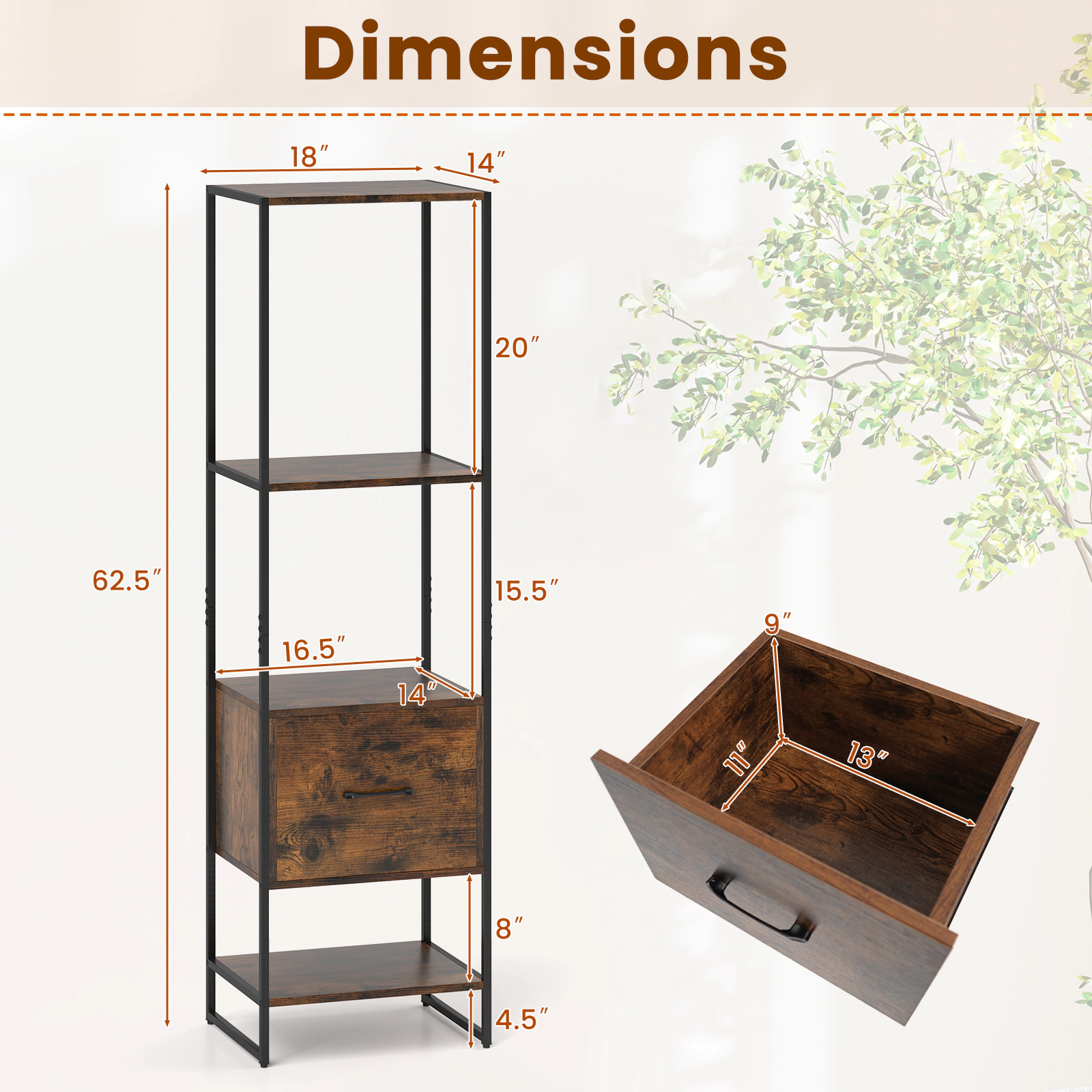 SUGIFT 5-Tier Rustic Brown 62.5-in Tall Narrow Bookshelf with Drawer 4 Open Shelves and Metal Frame