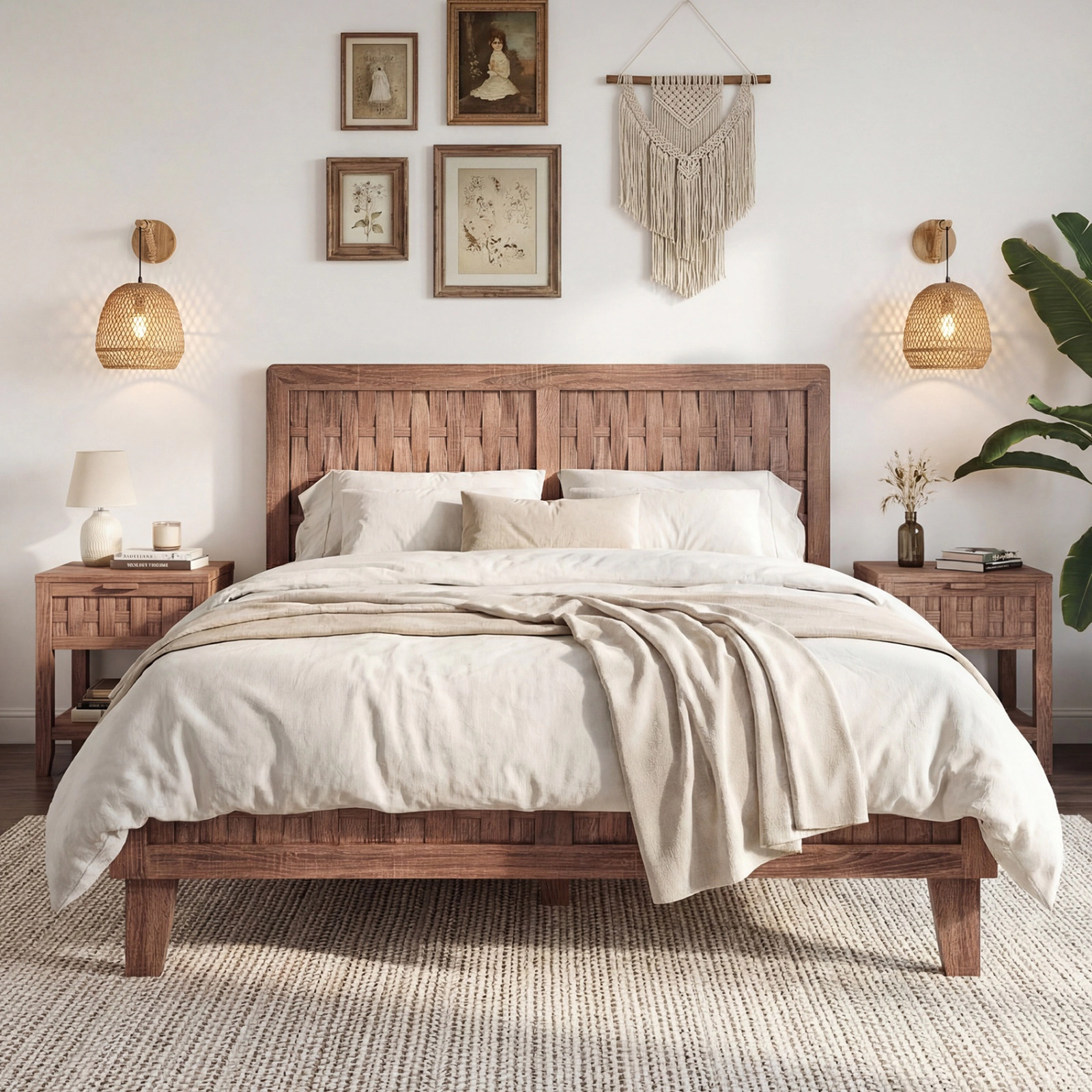 SUGIFT Mid Century Full Size Bed Frame with Woven Accent Headboard 705-lb Capacity Walnut Finish