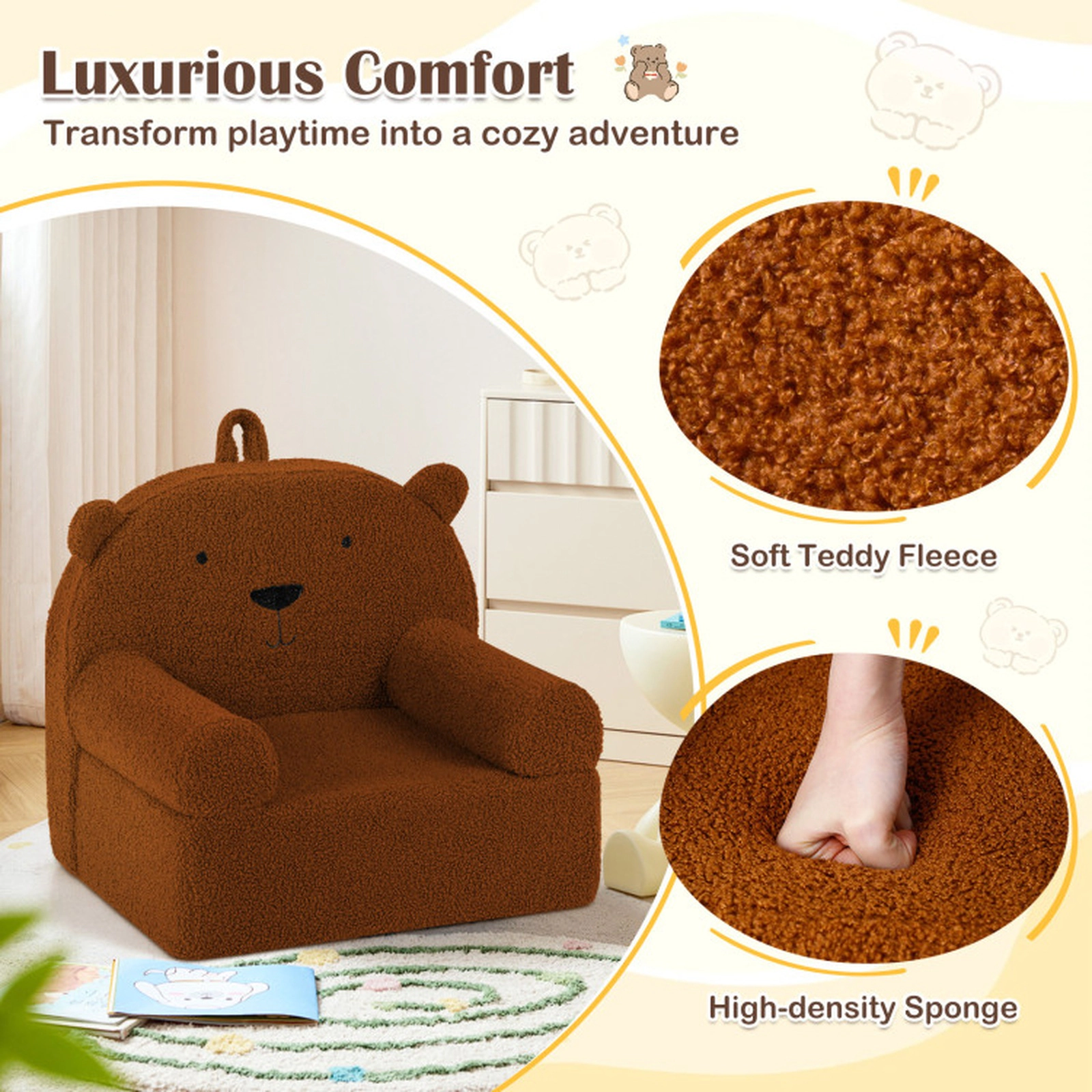 SUGIFT Kids Bear Foam Sofa Toddler Couch Office Chair Teddy Fleece Fabric Cover 20-in Frame Ages 3+ Brown Single Seat