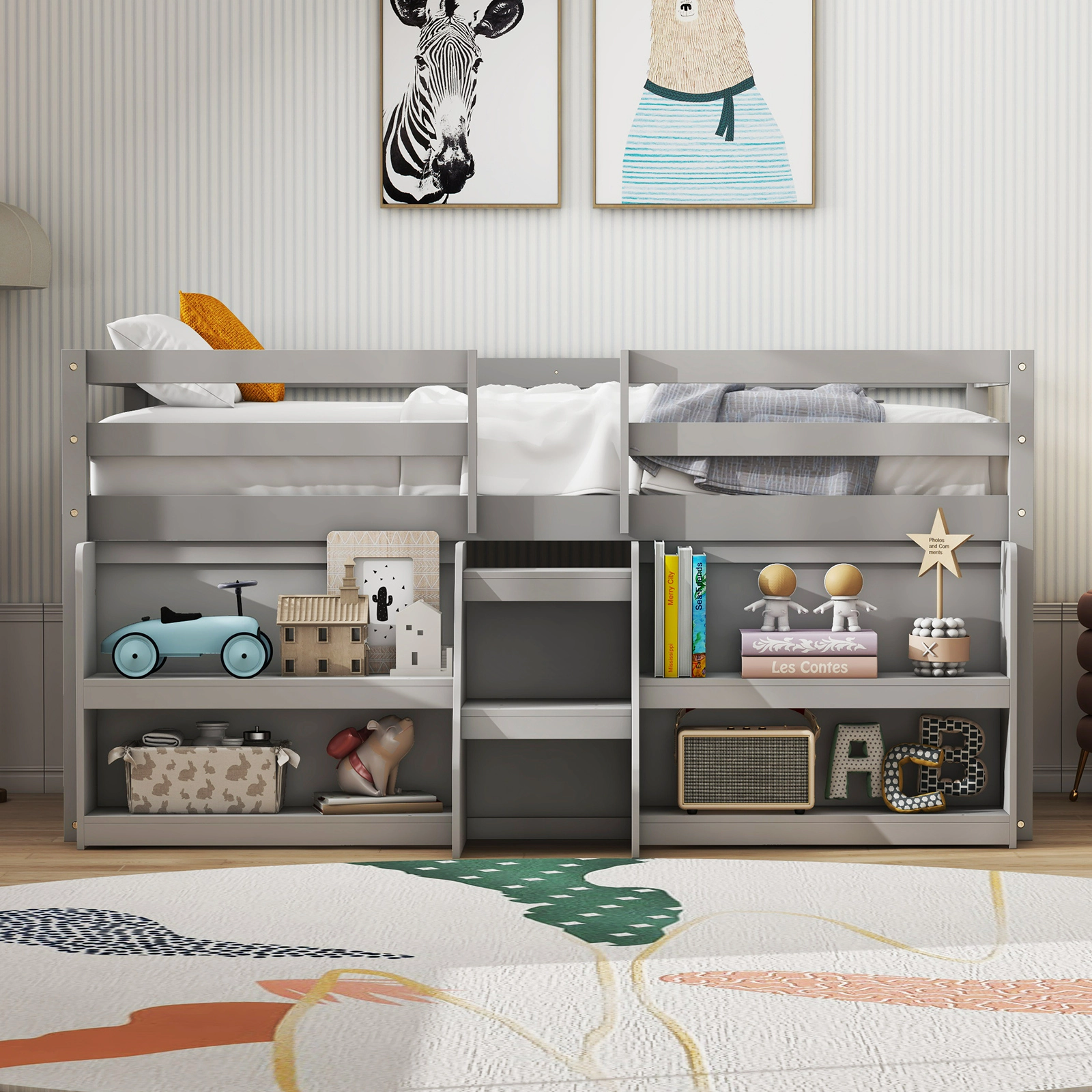 SUGIFT Twin Low Loft Bed with LED Lights, Staircase, Guardrail and Bookshelves, Gray