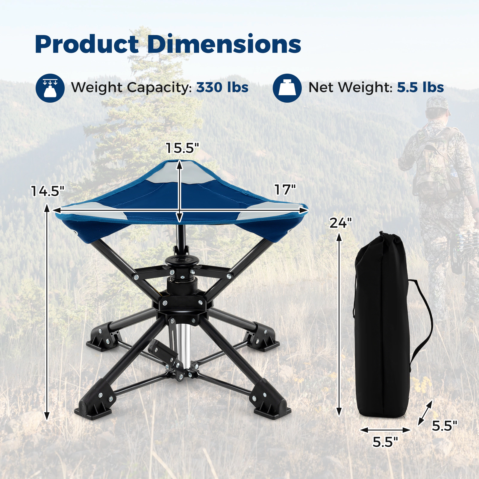 SUGIFT Blue 360-Degree Swivel Folding Camping Stool with Carry Bag 17-in W 14.5-in H 330-lb Seat Capacity