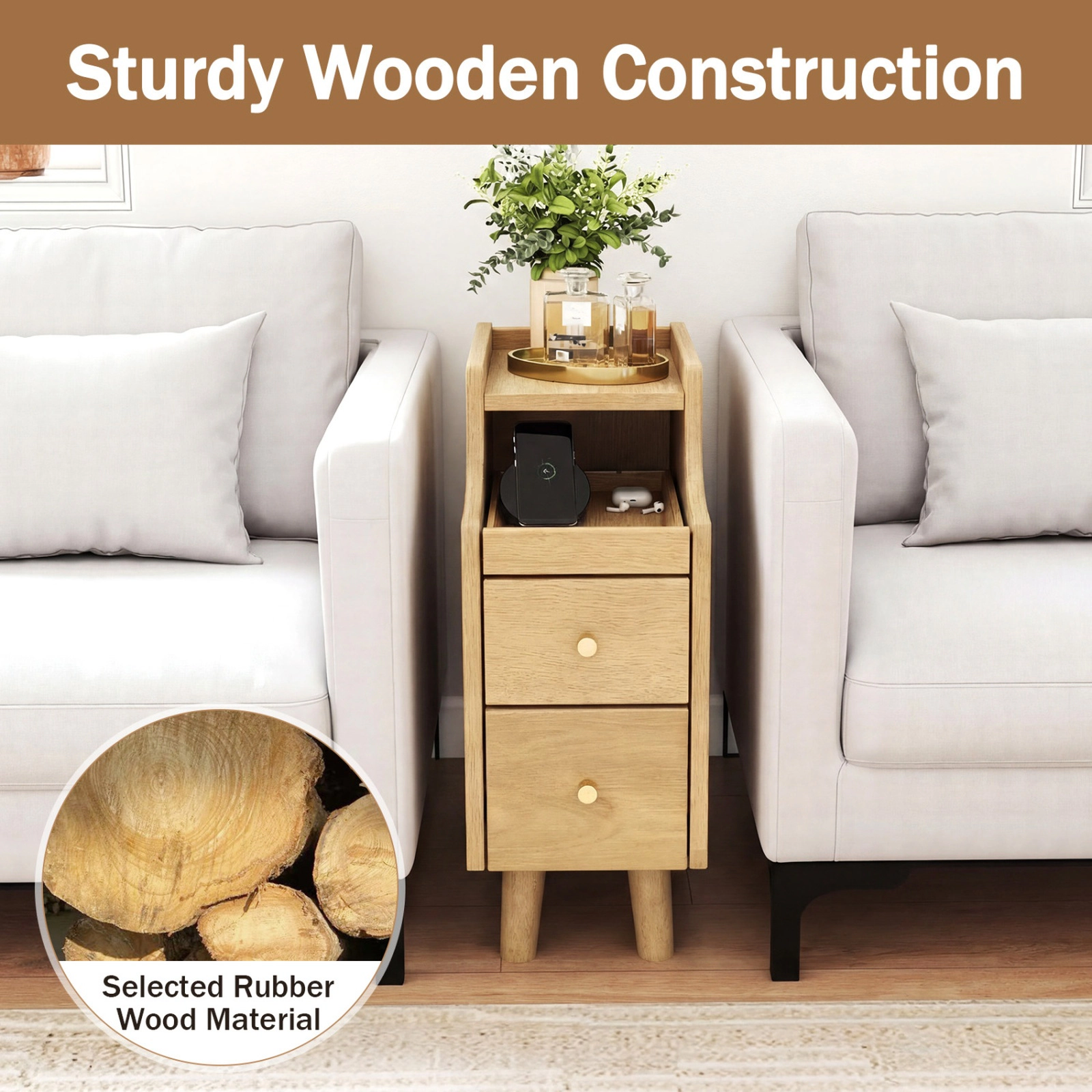 SUGIFT Natural Pull-Out Tray and 2 Drawers Set of 2 Solid Rubber Wood Narrow Nightstands