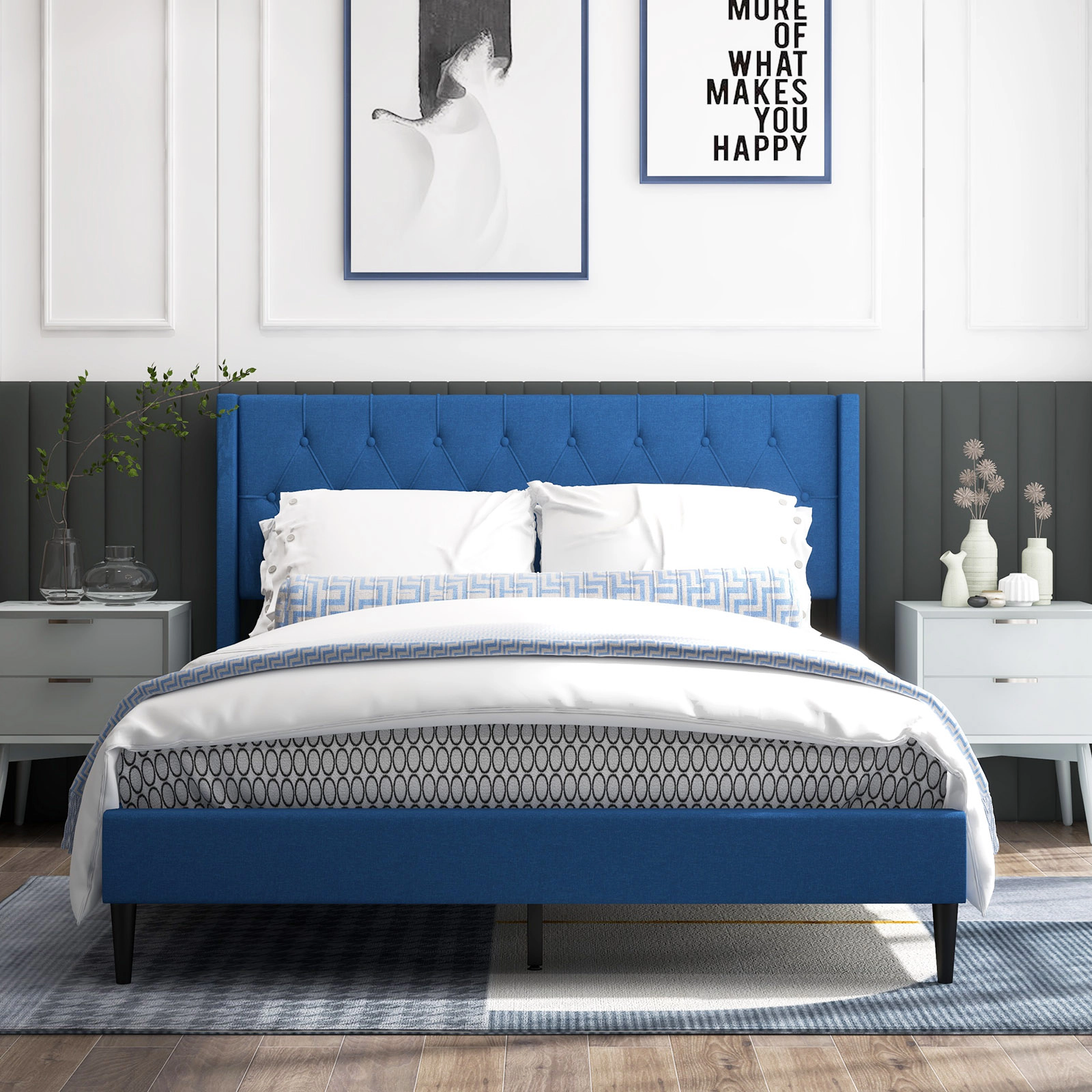 LJG Queen Size Upholstered Platform Bed with Button Tufted Wingback Headboard