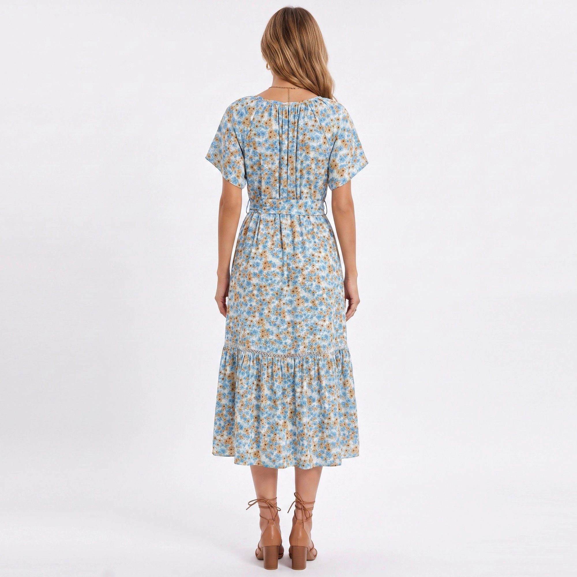 Anna-Kaci Women's Floral Print Tie Neck Short Flutter Sleeves Belted Waist Tiered Hem Midi Dress