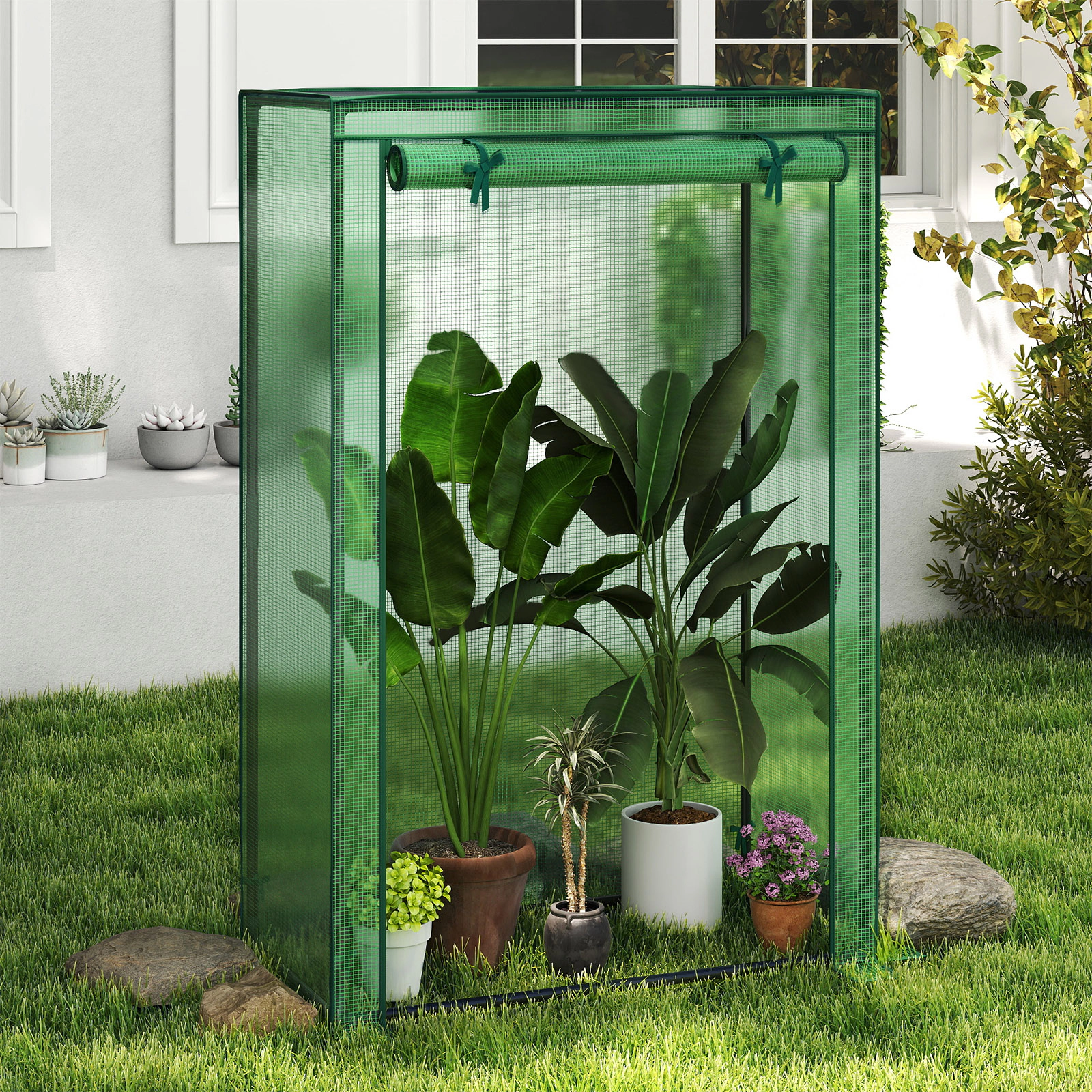 SUGIFT Portable Mini Greenhouse with PE Grid Cover and Roll-Up Zippered Door 59-in Tall Green/White