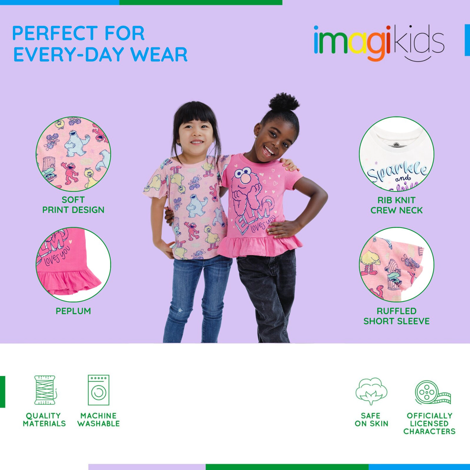 Sesame Street Girls' 3-Pack Short Sleeve Tees