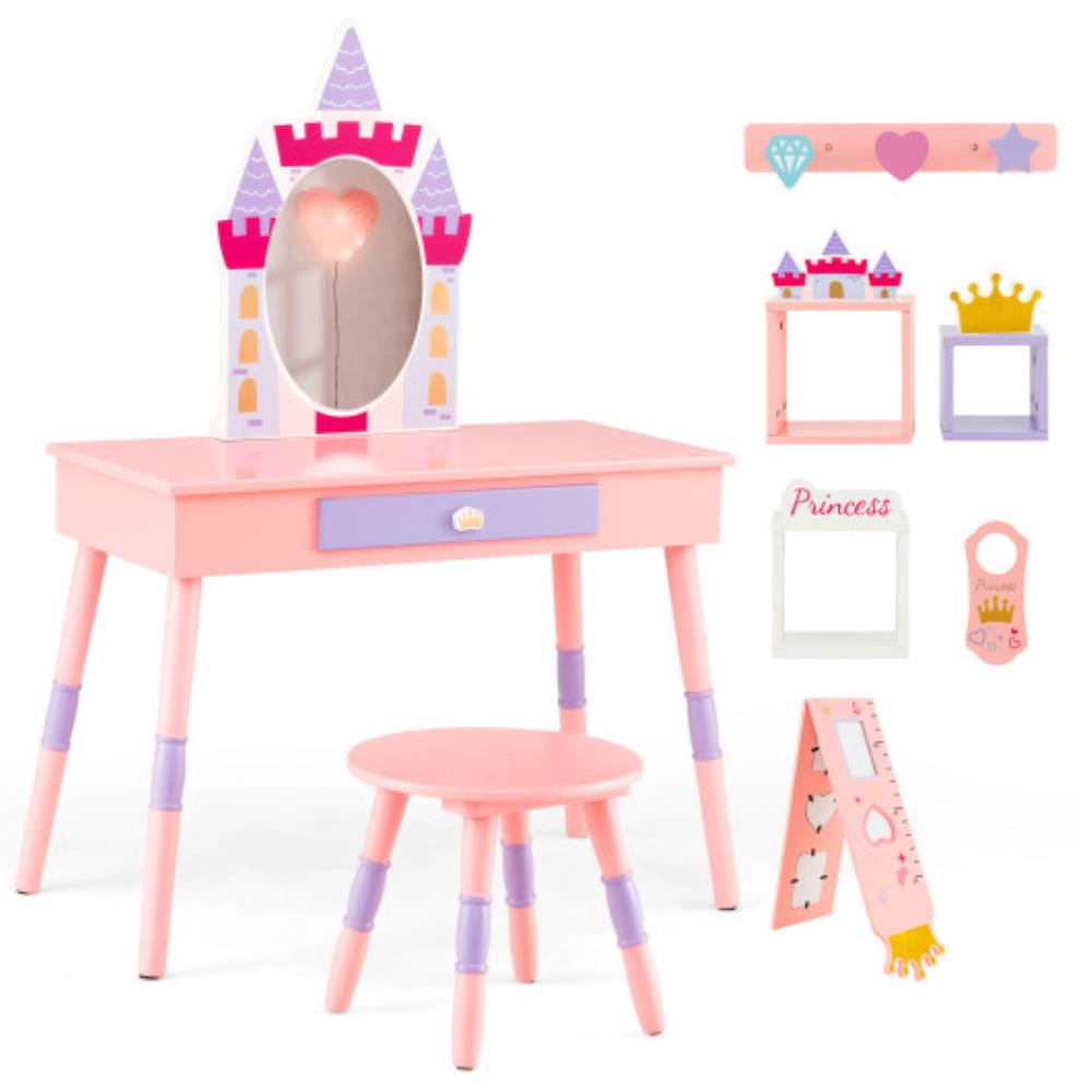 Hivvago Kids Princess Vanity Table And Stool Set With Drawer And Mirror-Pink