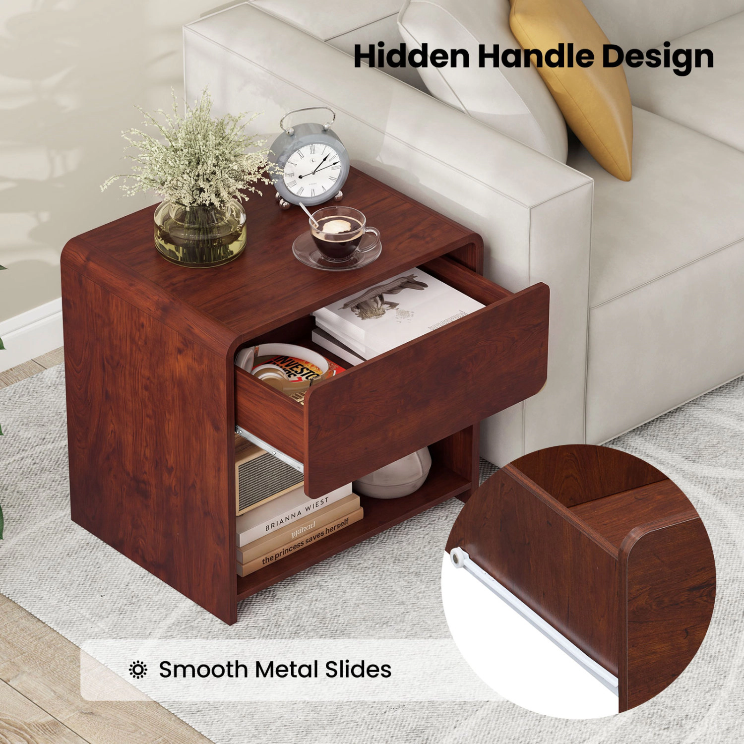 Glintex 2-Tier Nightstand with Concealed Handle Color-Block Front and Open Shelf, Oak