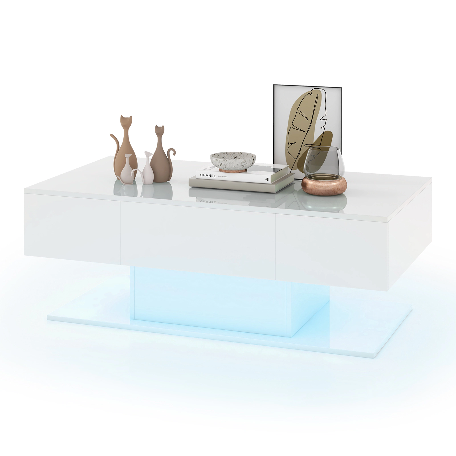 Glintex 43.5-Inch High-Gloss LED Coffee Table with 2 Push-to-Open Drawers, White
