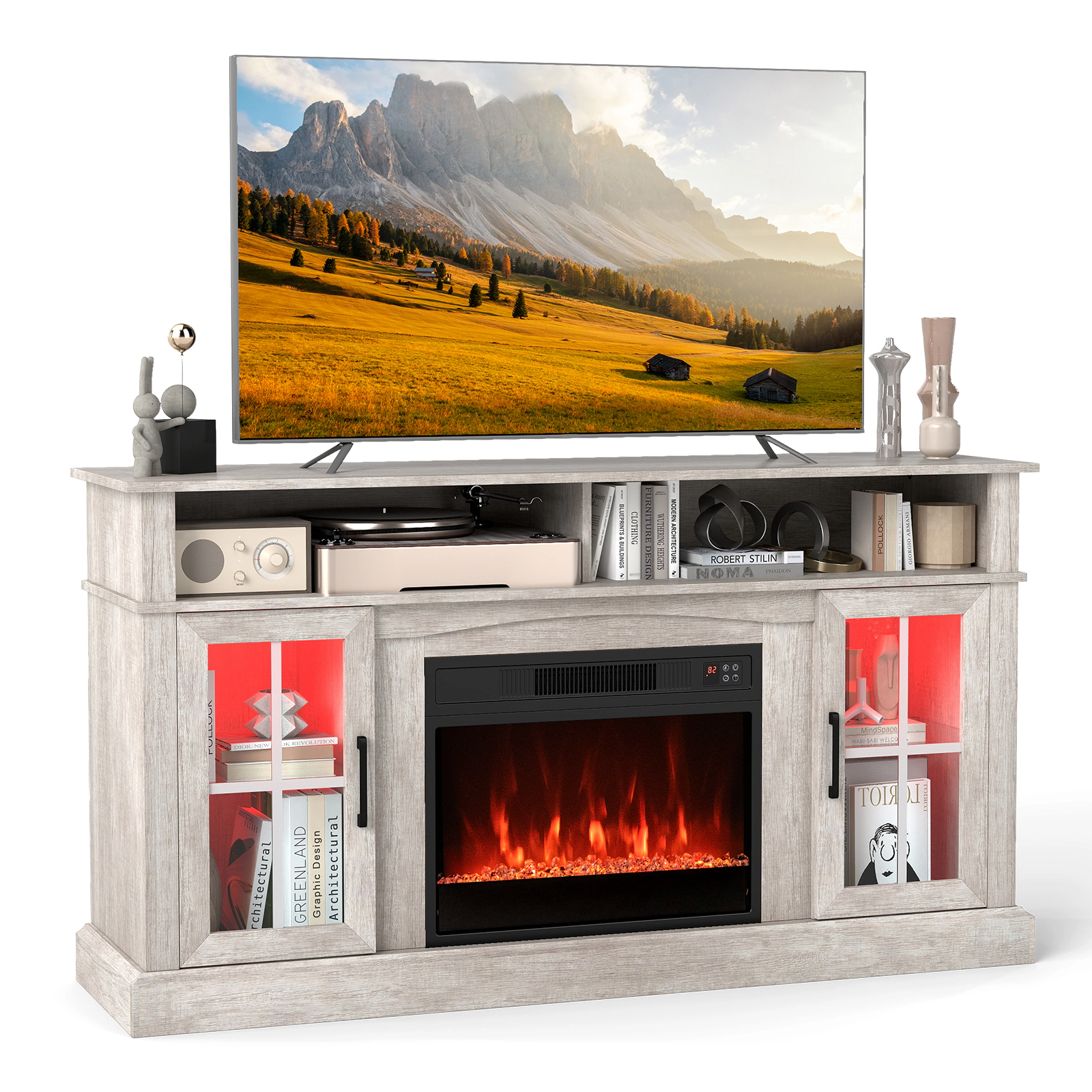 LJG 58 Inch Fireplace TV Stand with LED Lights Storage Cabinets and Glass Doors