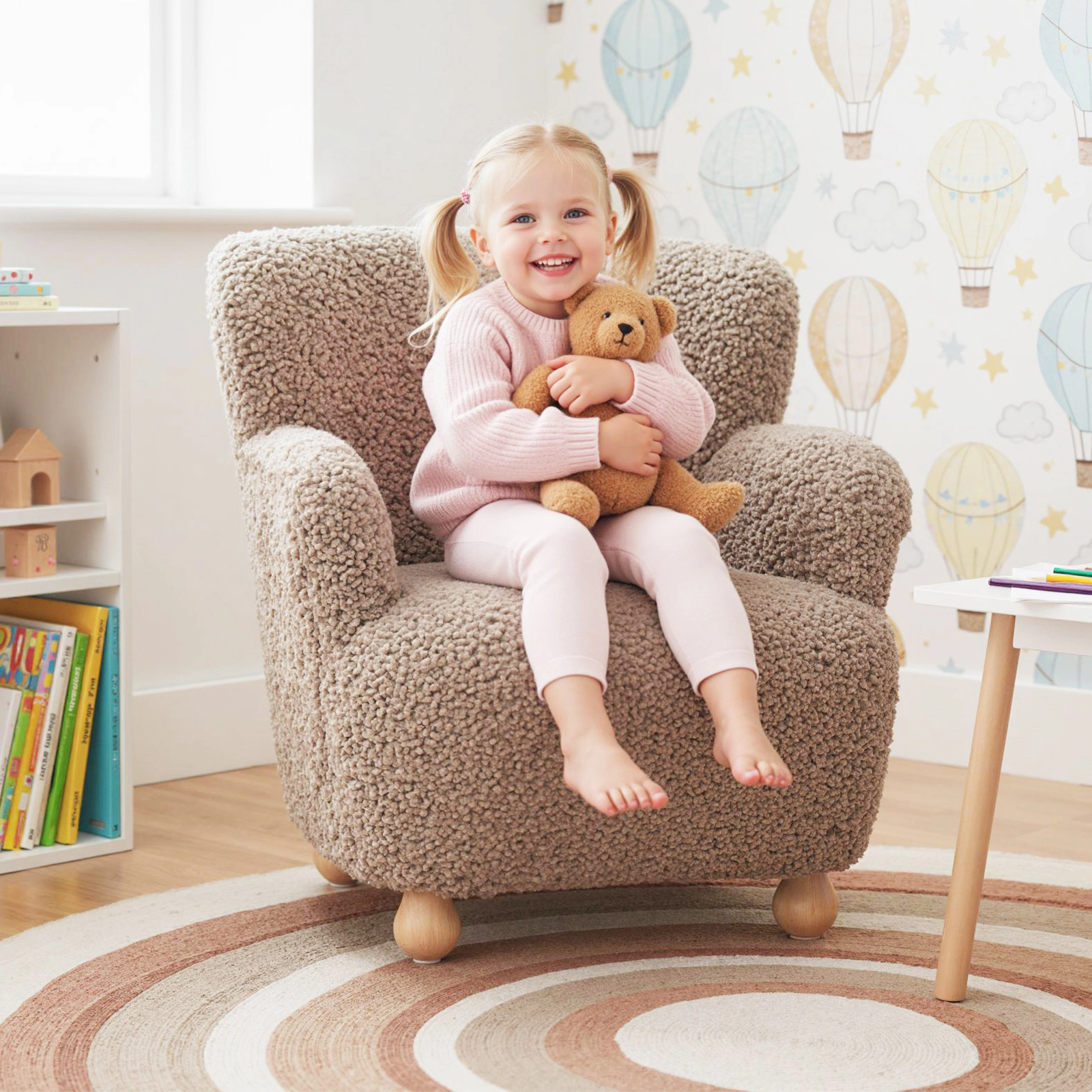 SUGIFT Rustic Brown Solid Rubber Wood Legs Sherpa Kids Sofa Toddler Armchair