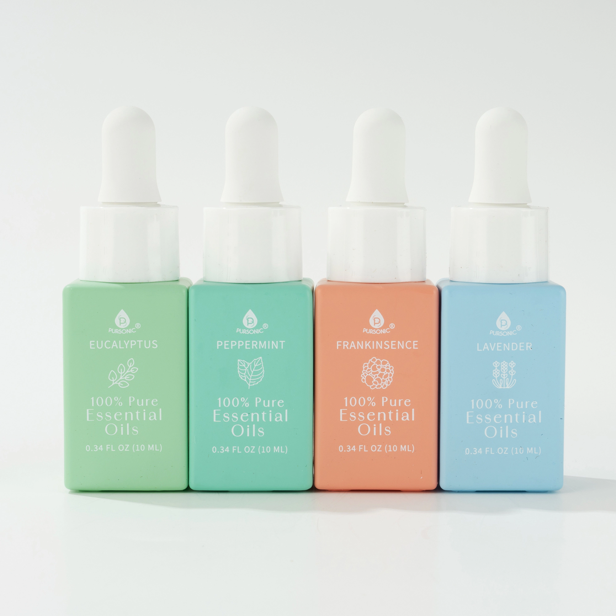 Pursonic 100% Pure Natural Essential Oils: Eucalyptus, Frankincense, Lavender & Peppermint