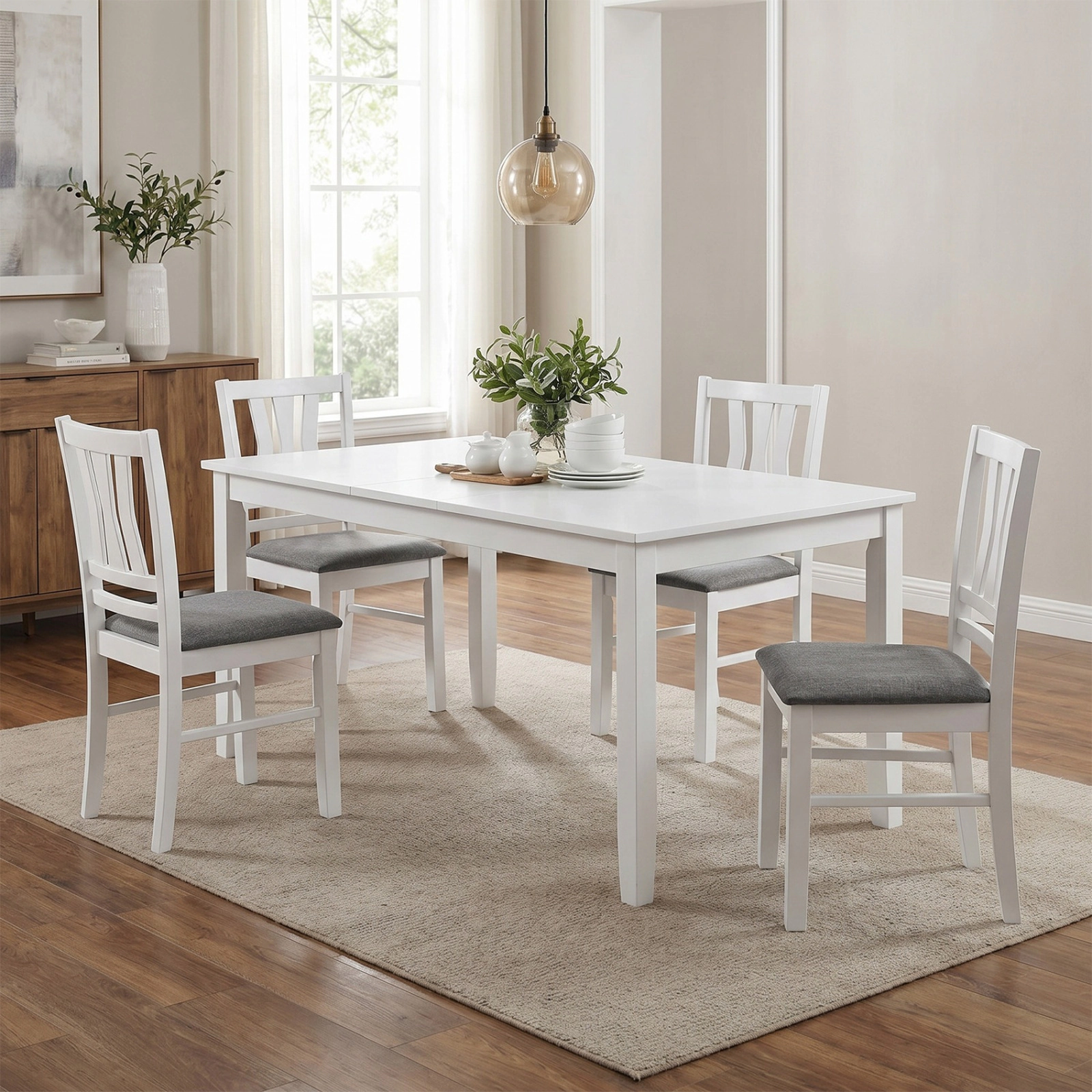 SUGIFT Set of 4 Linen Style Upholstered Dining Chairs 330-Lb Capacity with Slatted Backrest White and Gray