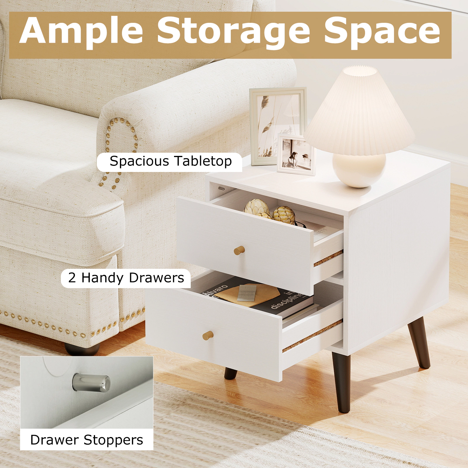 SUGIFT Set of 2 Mid-Century Nightstands, 19.5 in, White and Black
