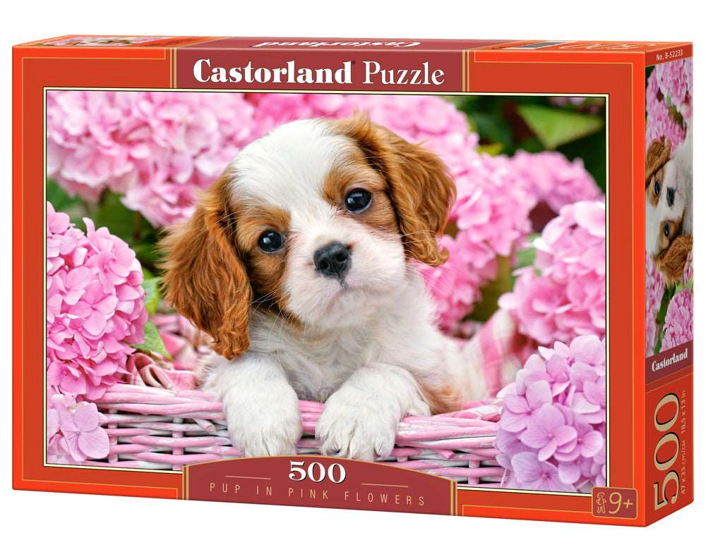 CASTORLAND 500 Piece Jigsaw Puzzle, Pup in Pink Flowers, Animal puzzle, Dog puzzle; Puppies, Cute dog, B-52233
