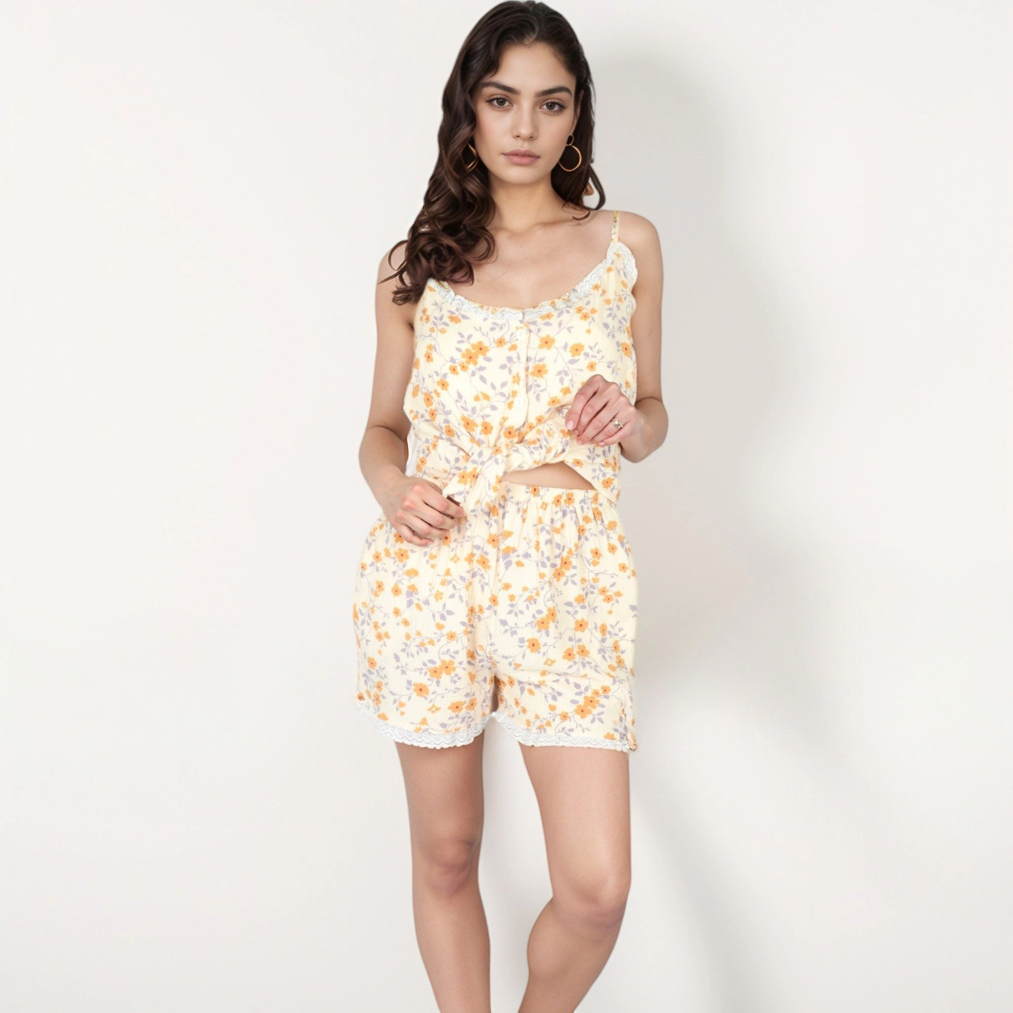 Anna-Kaci Women's Printed Sleepwear Set with Button Front Tank Top and Ruffled Hem Shorts