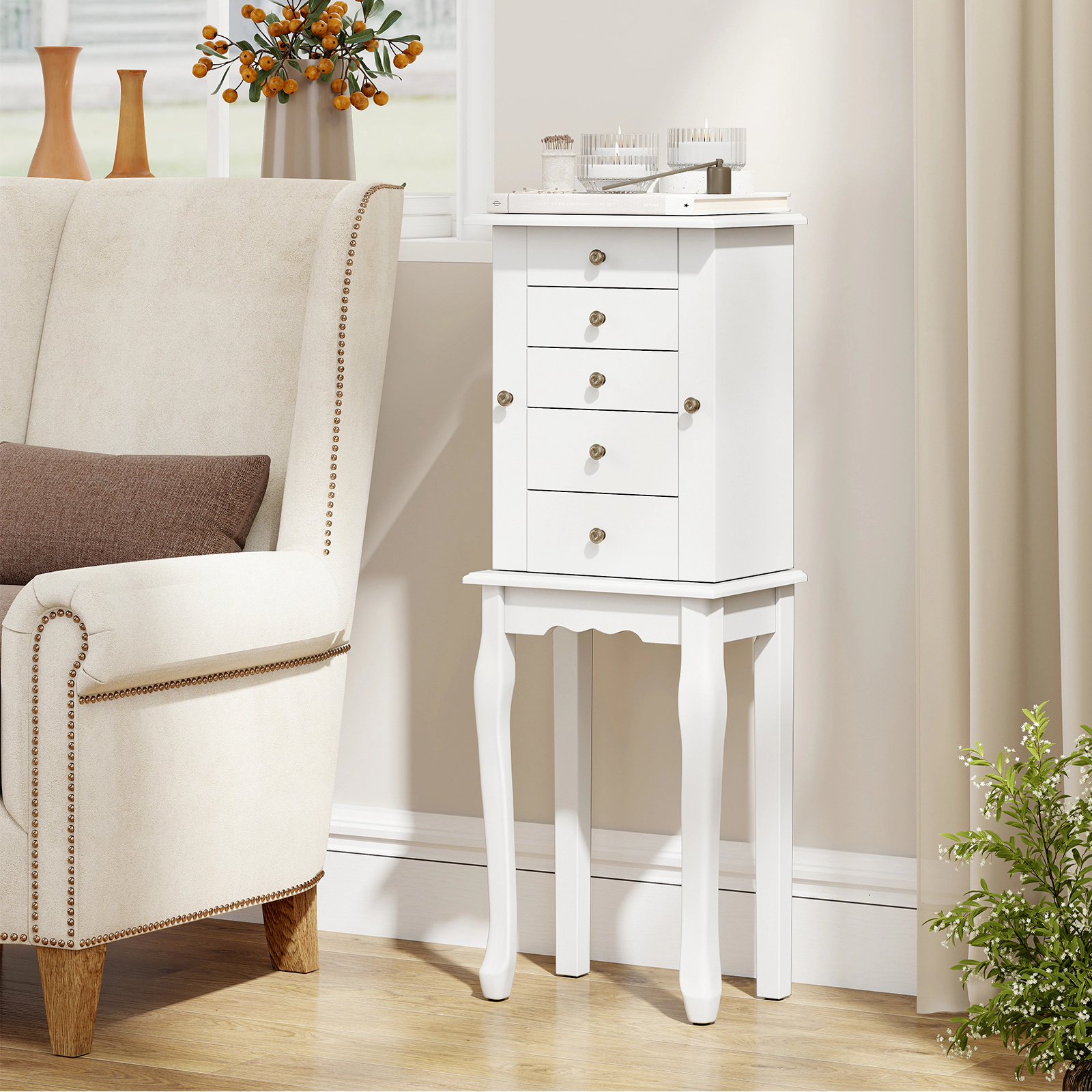SUGIFT Standing Jewelry Cabinet White 34 in Armoire with 5 Drawers and Mirror