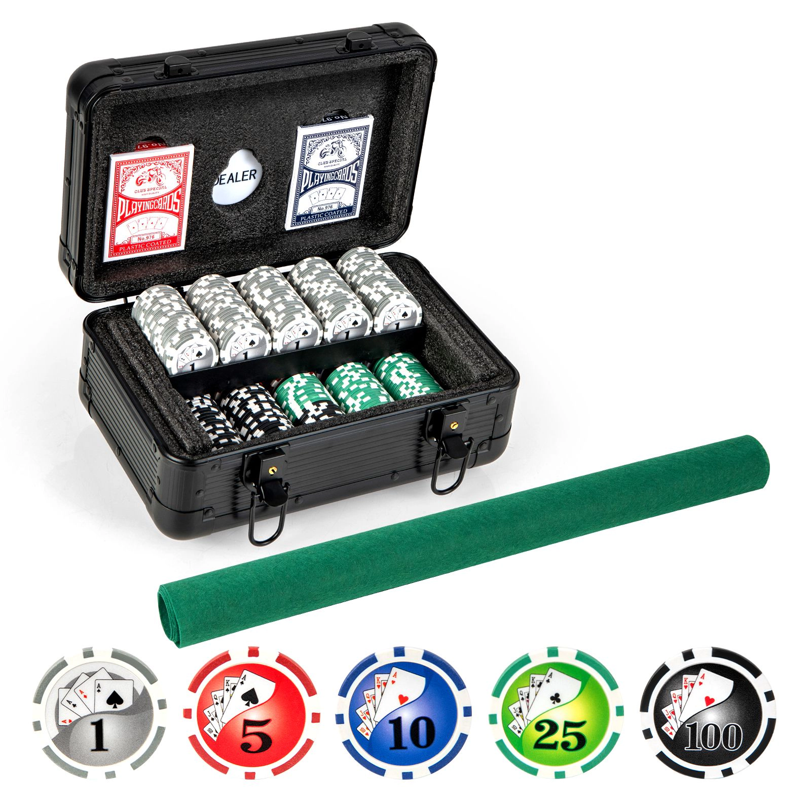 SlickBlue Complete Poker Game Set with Chips, Cards, Felt Mat, and Dealer Button