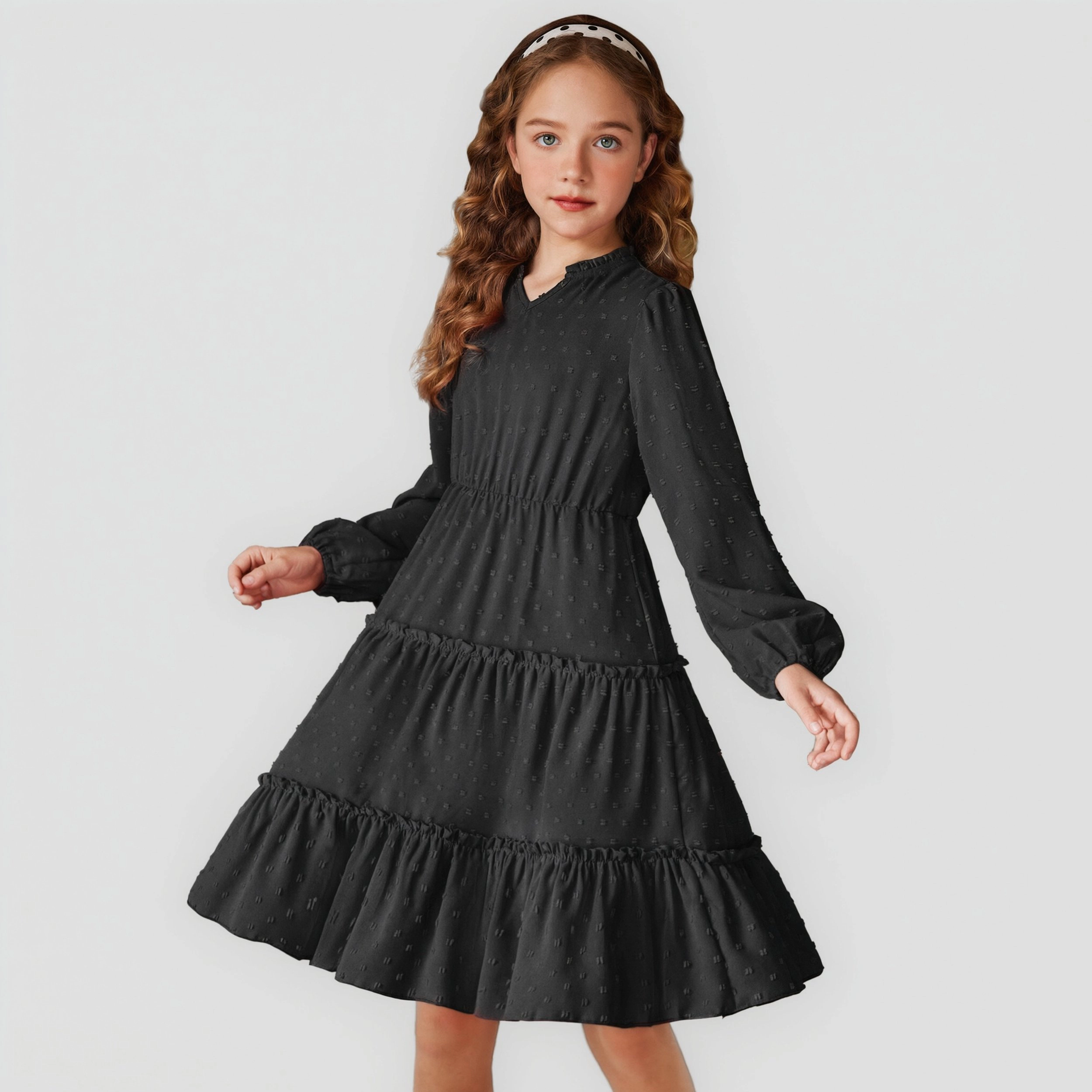 Arshiner Girls' Dresses V neck Long Sleeve Chiffon Swiss Dot Ruffle Tiered Boho Party Midi Dress