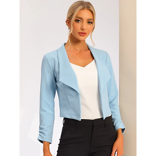 INSPIRE CHIC Women's Notched Lapel Ruched Sleeve Cropped Blazer