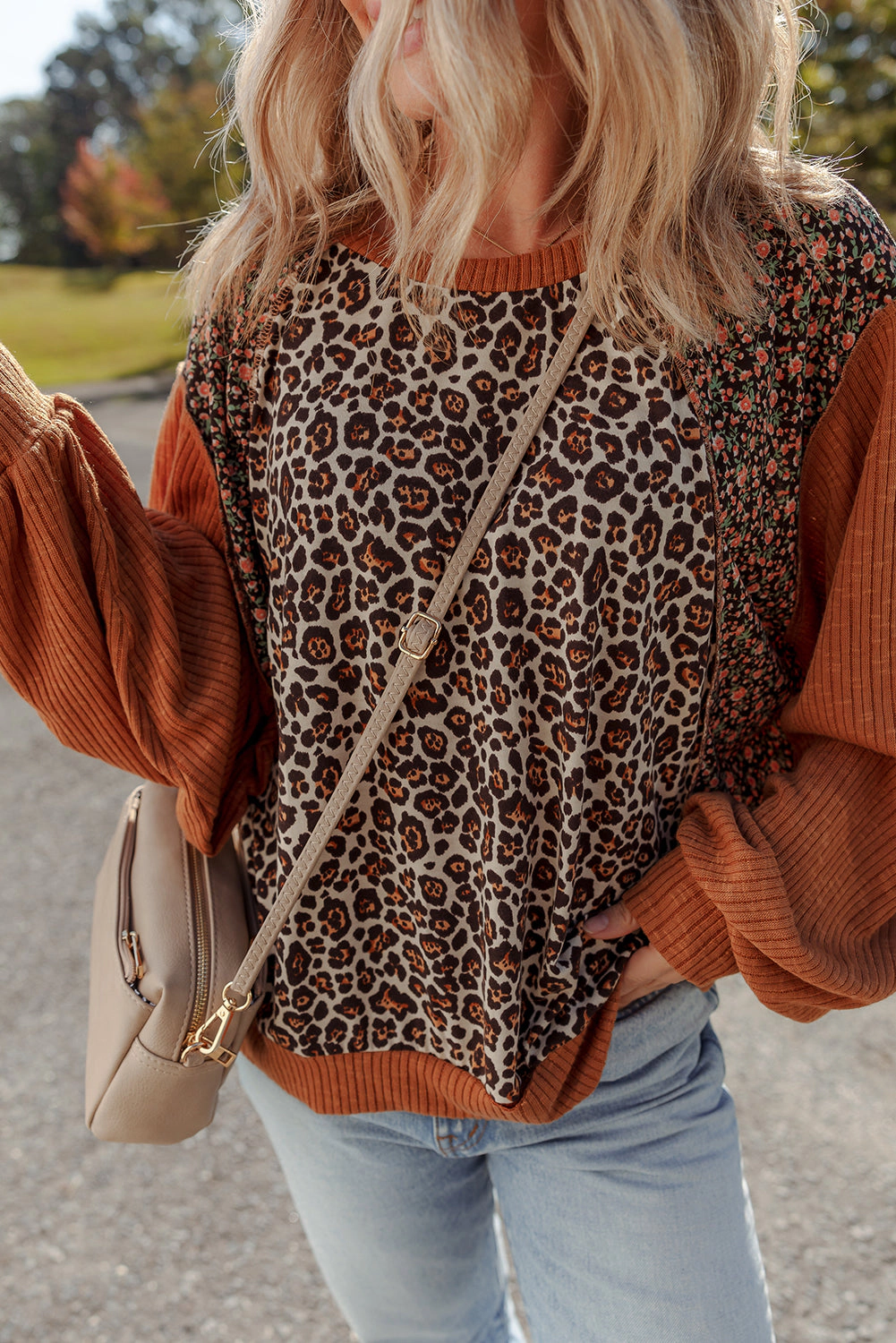 Threaded Pear Women's Natalie Leopard & Floral Patchwork Loose Top