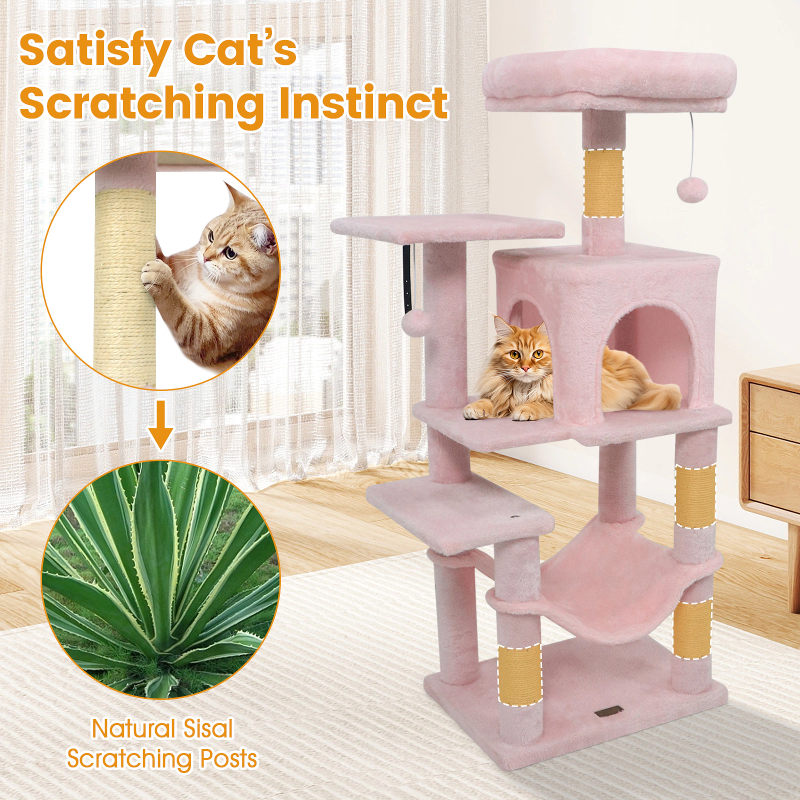 SUGIFT 44-in Pink Cat Tree Tower with 2-Door Condo Padded Top Perch Plush Hammock and Sisal Posts