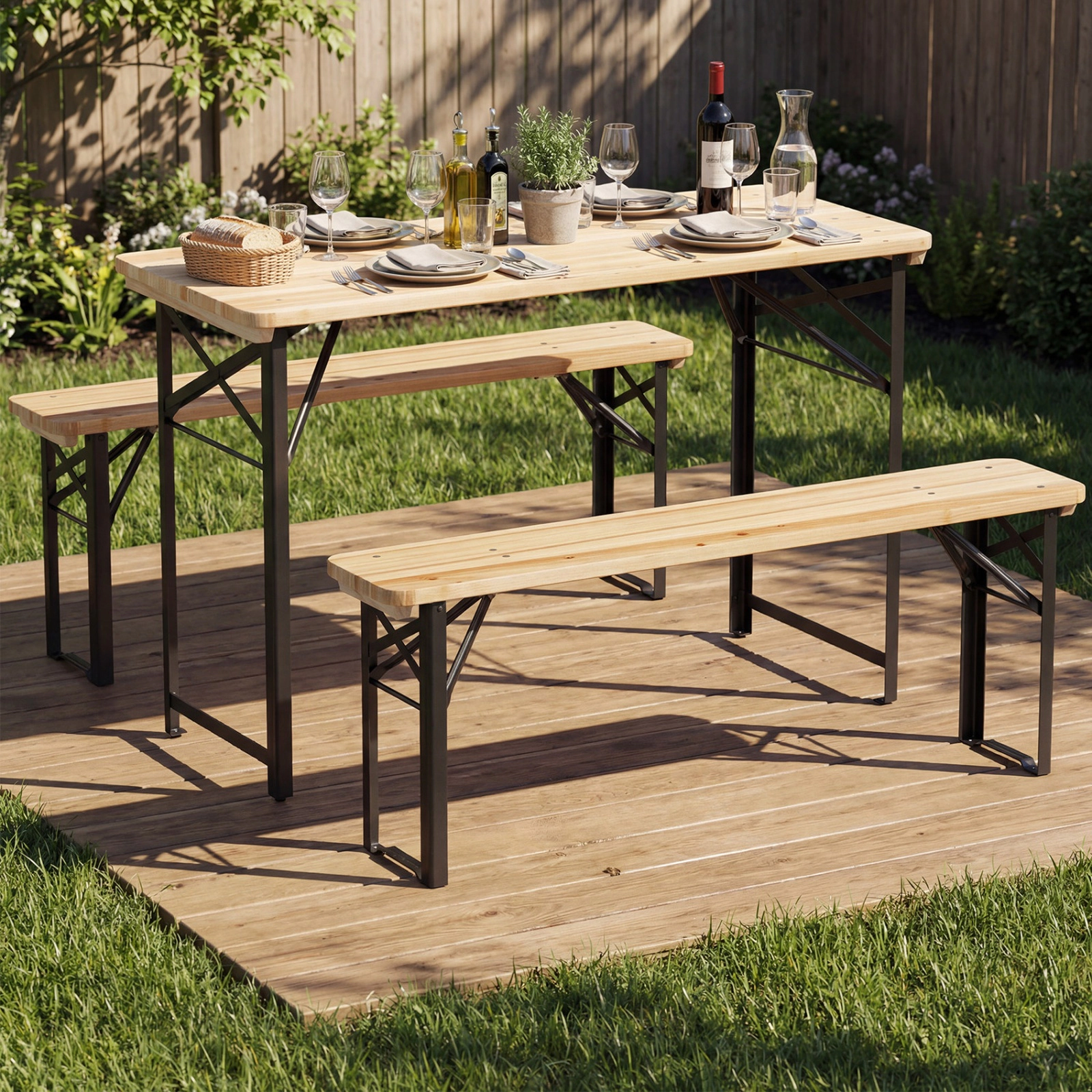 SUGIFT 3-Piece Folding Fir Wood Picnic Table and Benches 110-lb Table 330-lb Benches Natural and Black