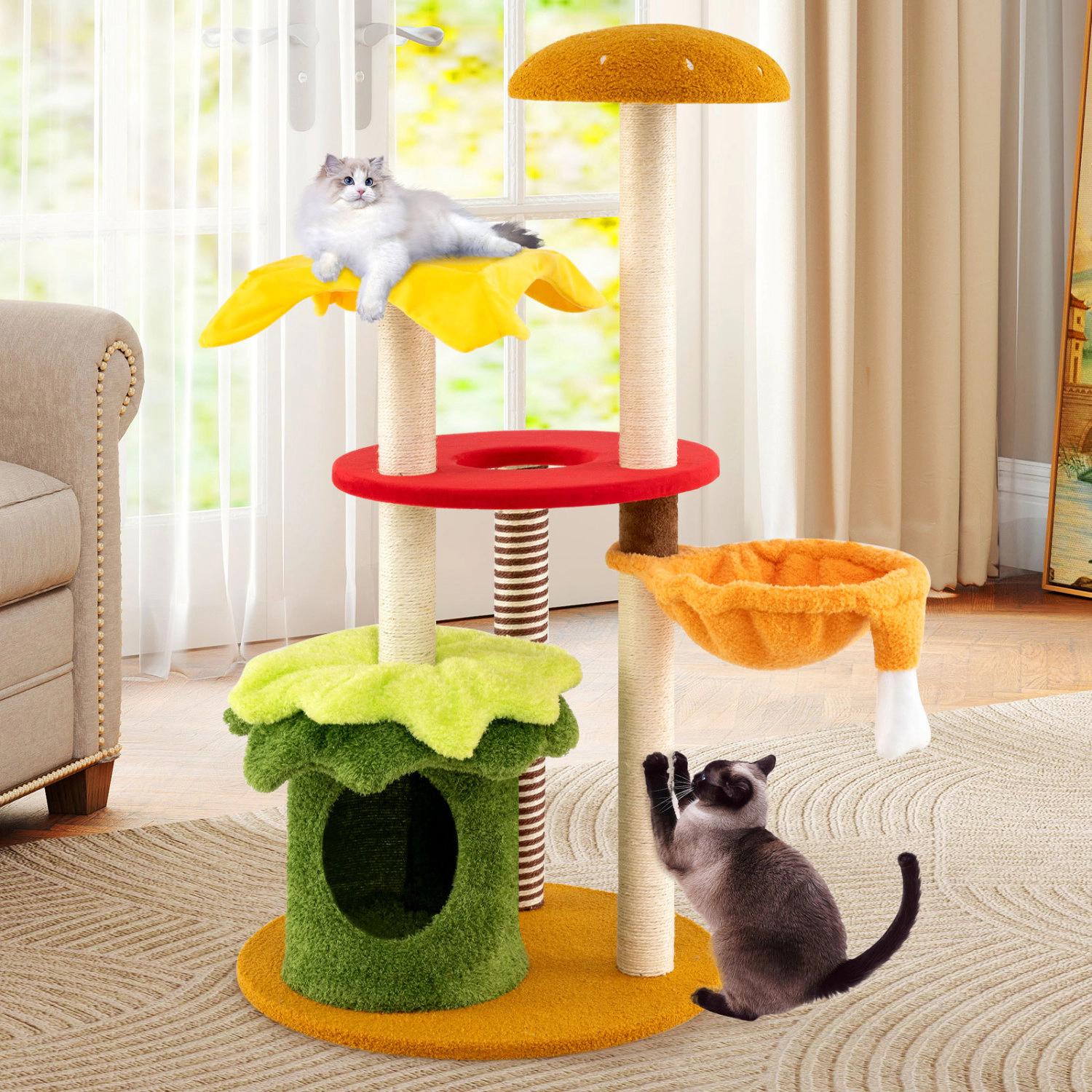 LJG 46 Inch Tall Cat Tree Multi-Level with Padded Perch and Hanging Basket Bed