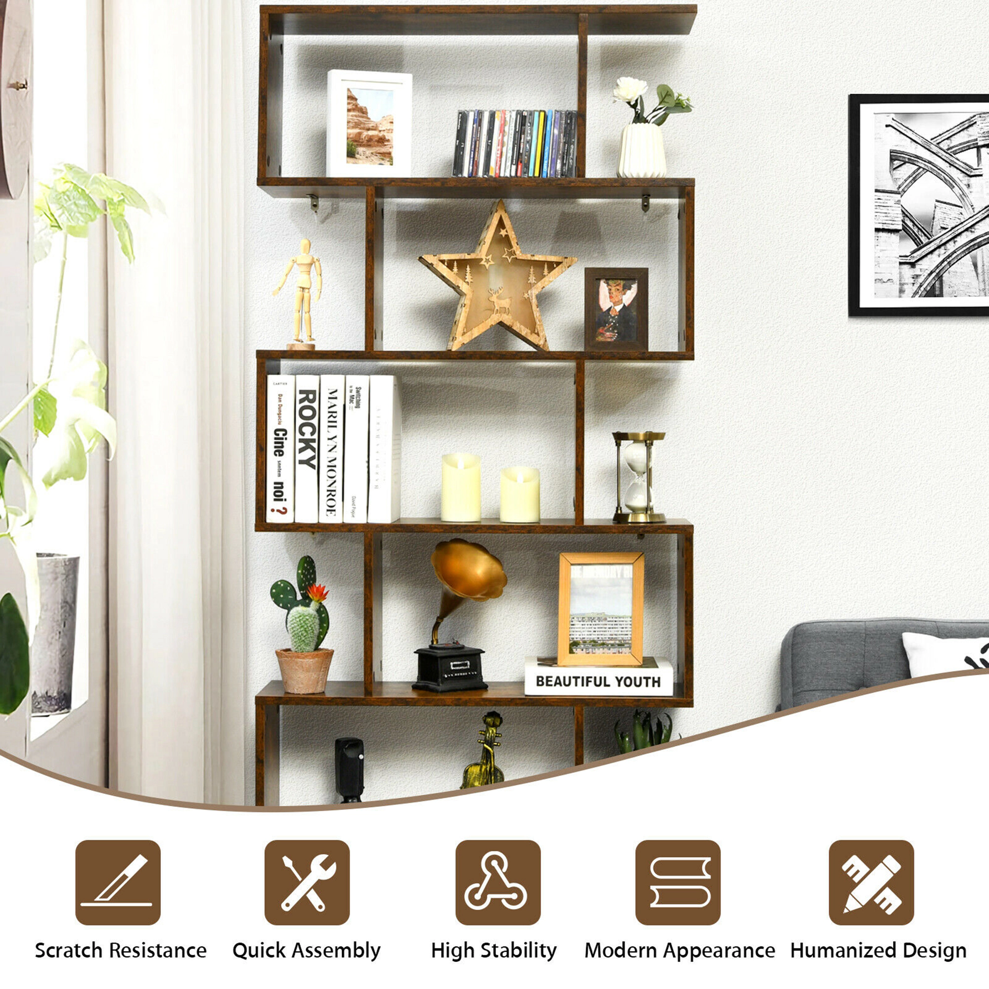 Costway 6 Tier S-Shaped Bookshelf Storage Display Bookcase Decor Z-Shelf Coffee
