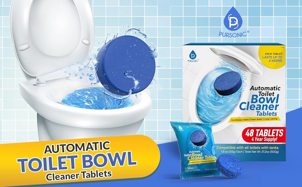 Pursonic Unisex Automatic Toilet Bowl Cleaner Deodorizing Blue Gel Tablets with Septic-Safe Hard Water Stain Remover