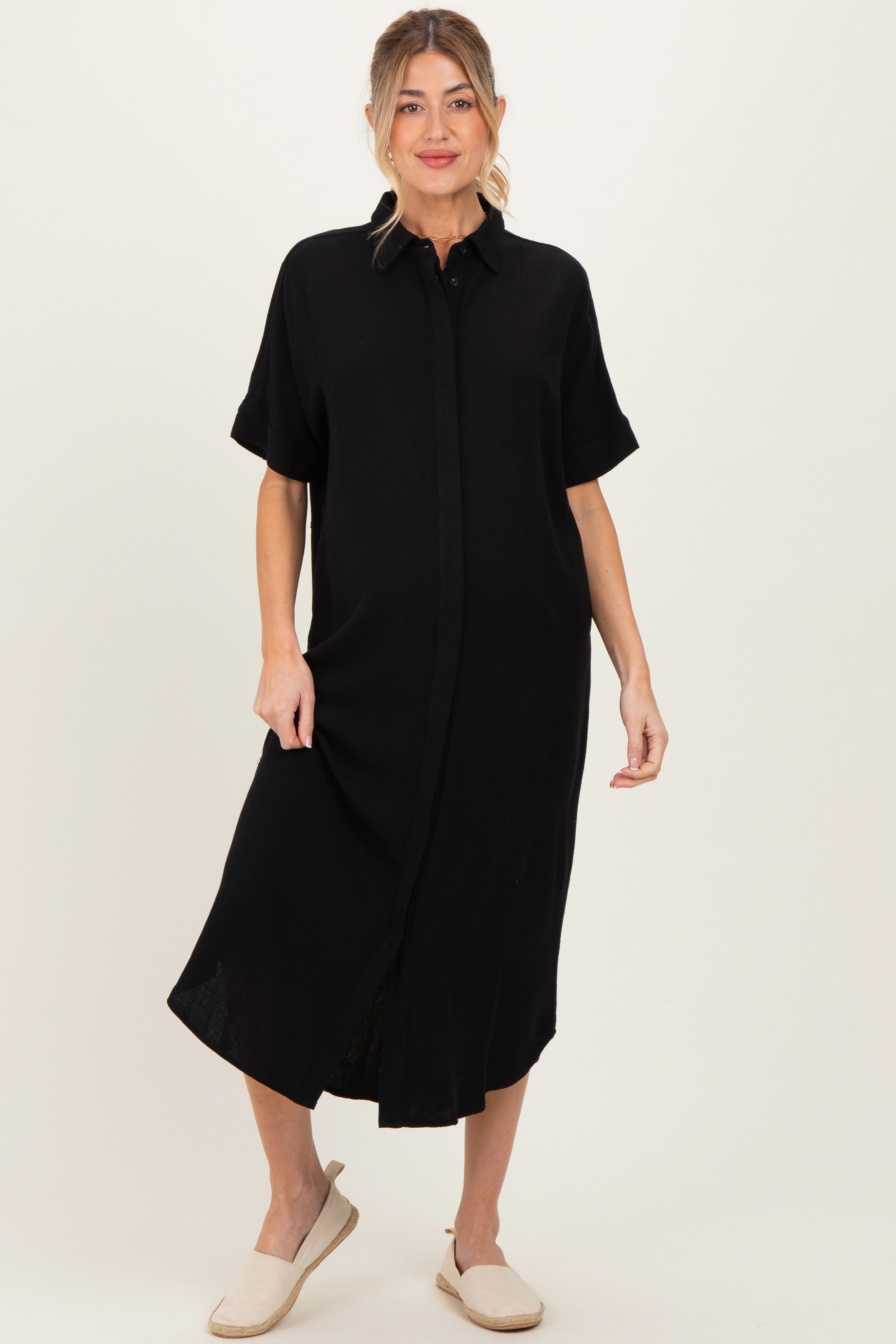 PinkBlush Womens Black Button Down Maternity Midi Shirt Dress