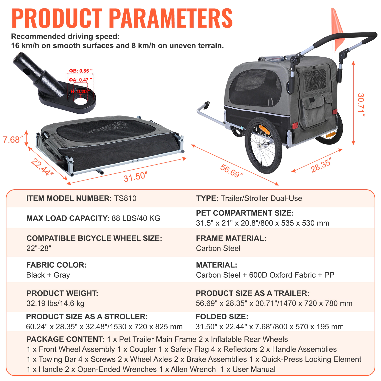 HONGGE 2-in-1 Dog Bike Trailer & Stroller, 88 lb Capacity, Adjustable Handle, Black/Gray