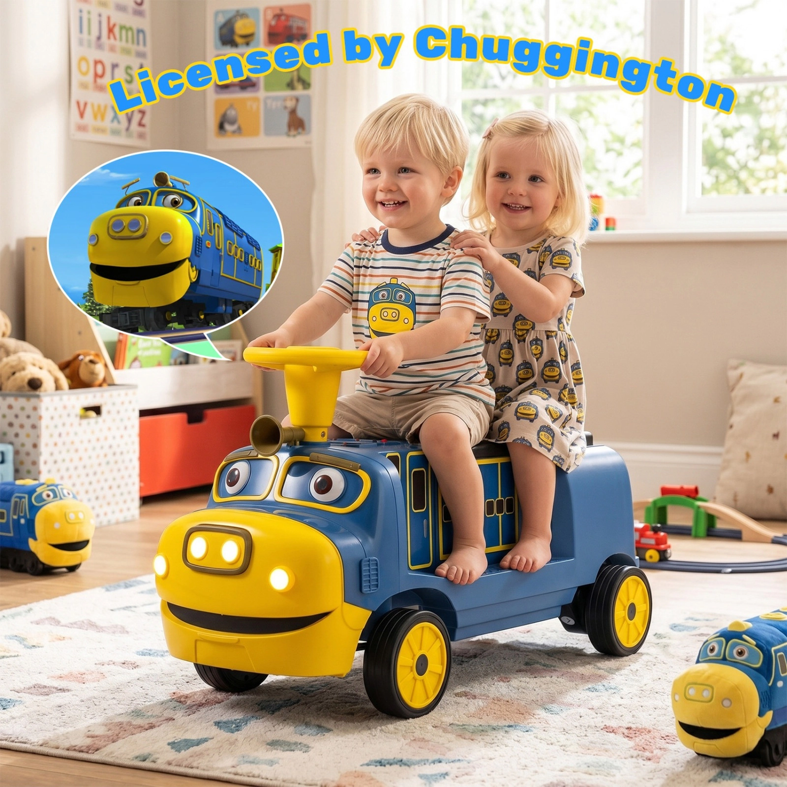 12V 2-Seater Kids Ride On Train Height Adjustable Rear Seat Hidden Storage Compartment Music Player Ages 3-8 Blue Toy