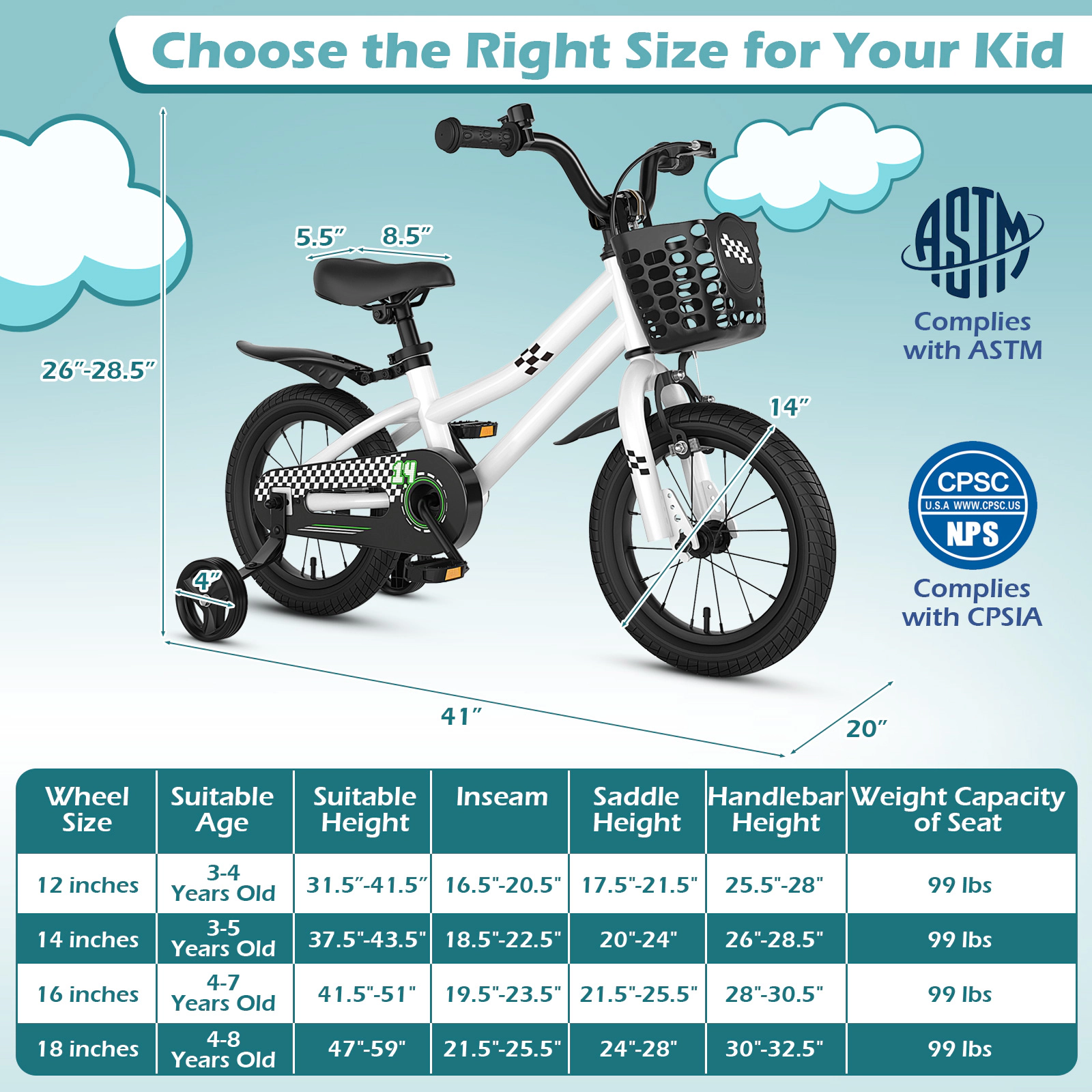 LJG 14 Inch Kids Bike White with Blue Helmet Protective Set